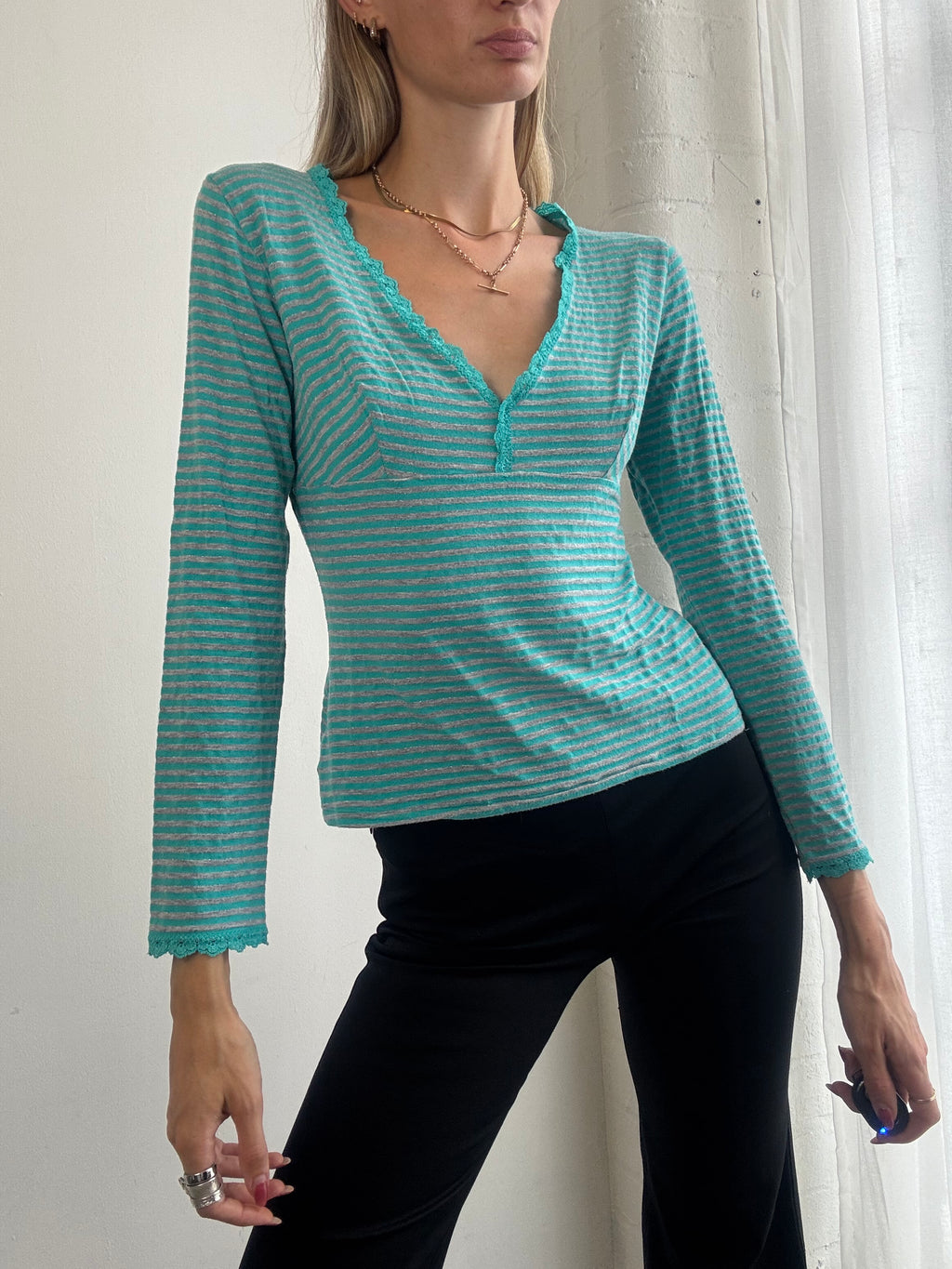 Vintage Y2K Turquoise Striped Lace Trim V Neck Top - Size M