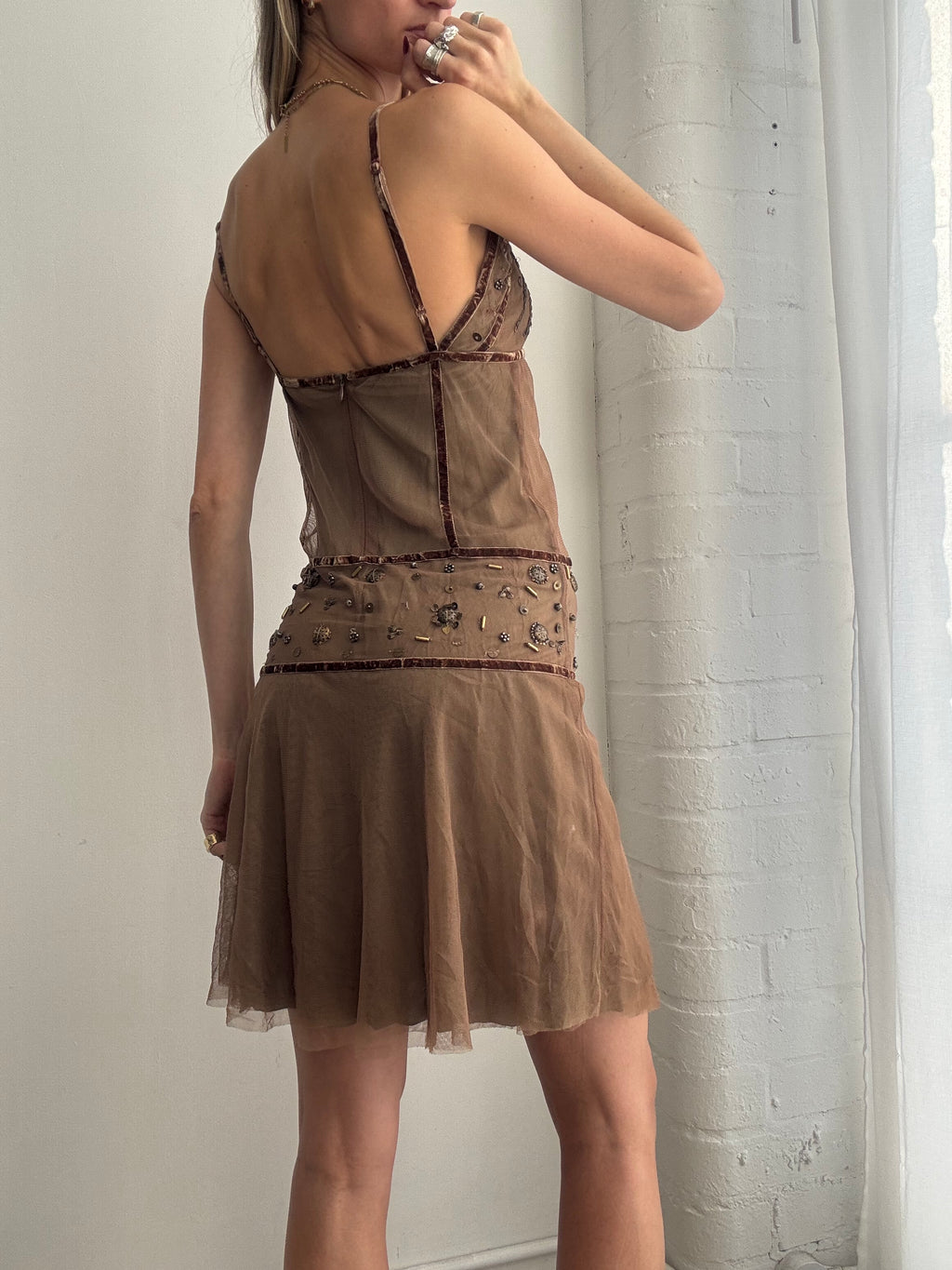 Vintage Y2K olive green mesh slip dress studded
