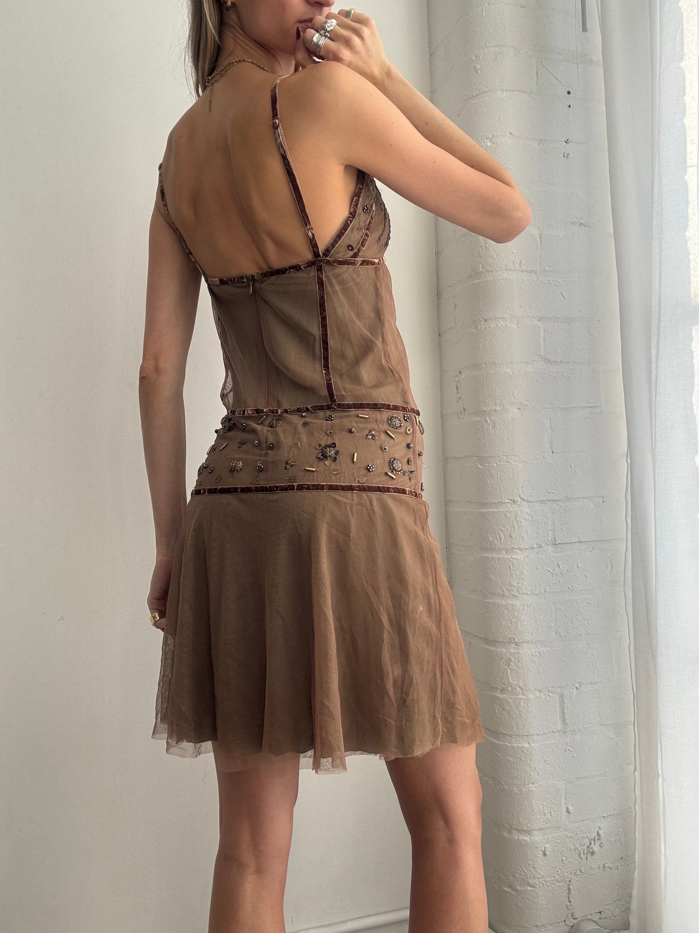 Vintage Y2K olive green mesh slip dress studded