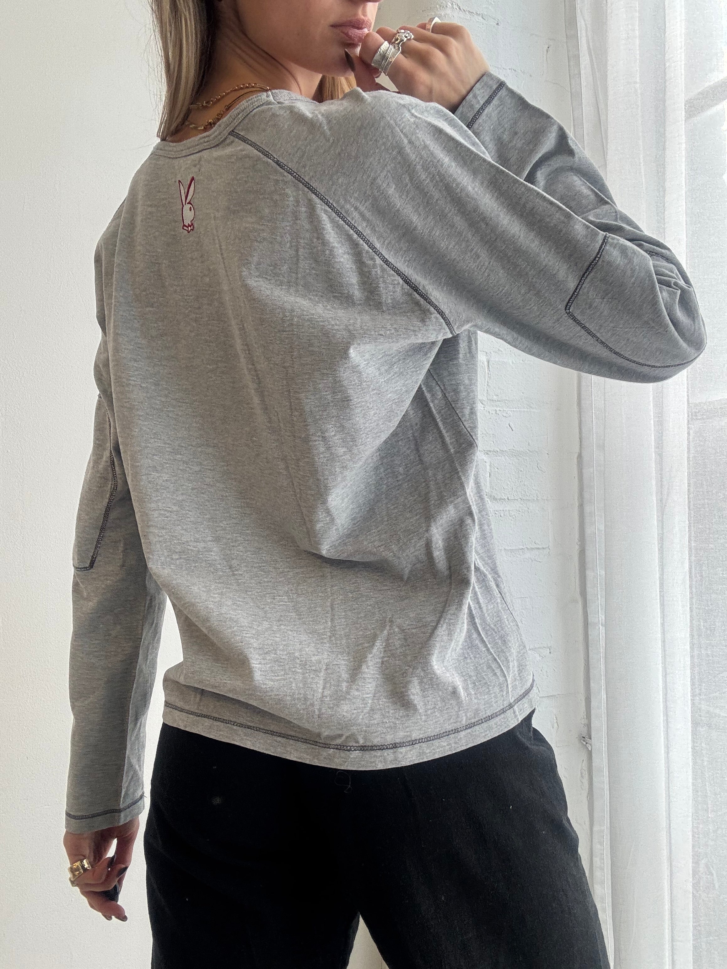 Vintage y2k playboy grey long sleeve slogan top - Size L