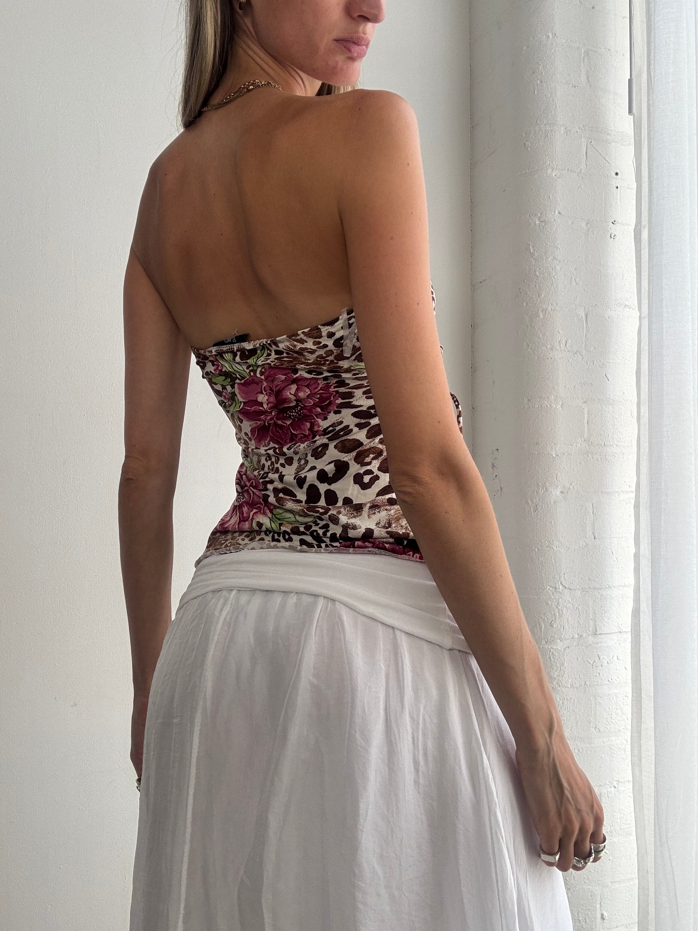 Vintage Y2K floral leopard print bandeau corset top - Size XS/S