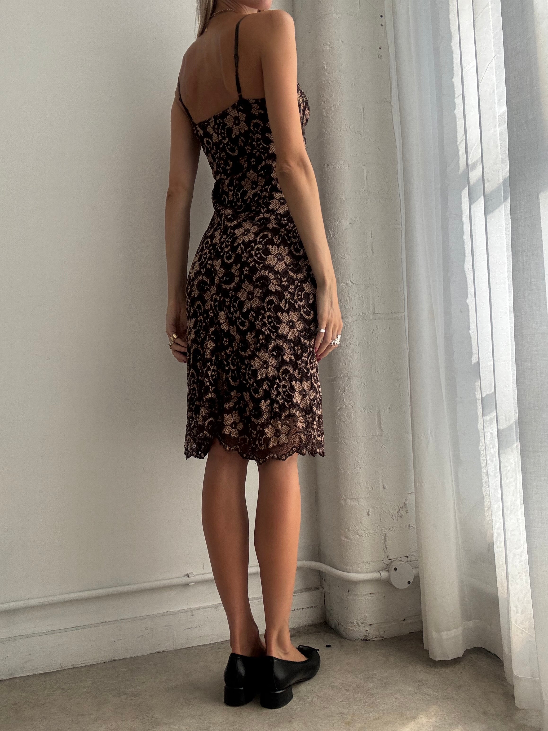 Vintage Y2K Brown Floral Lace Midi Dress - Size S