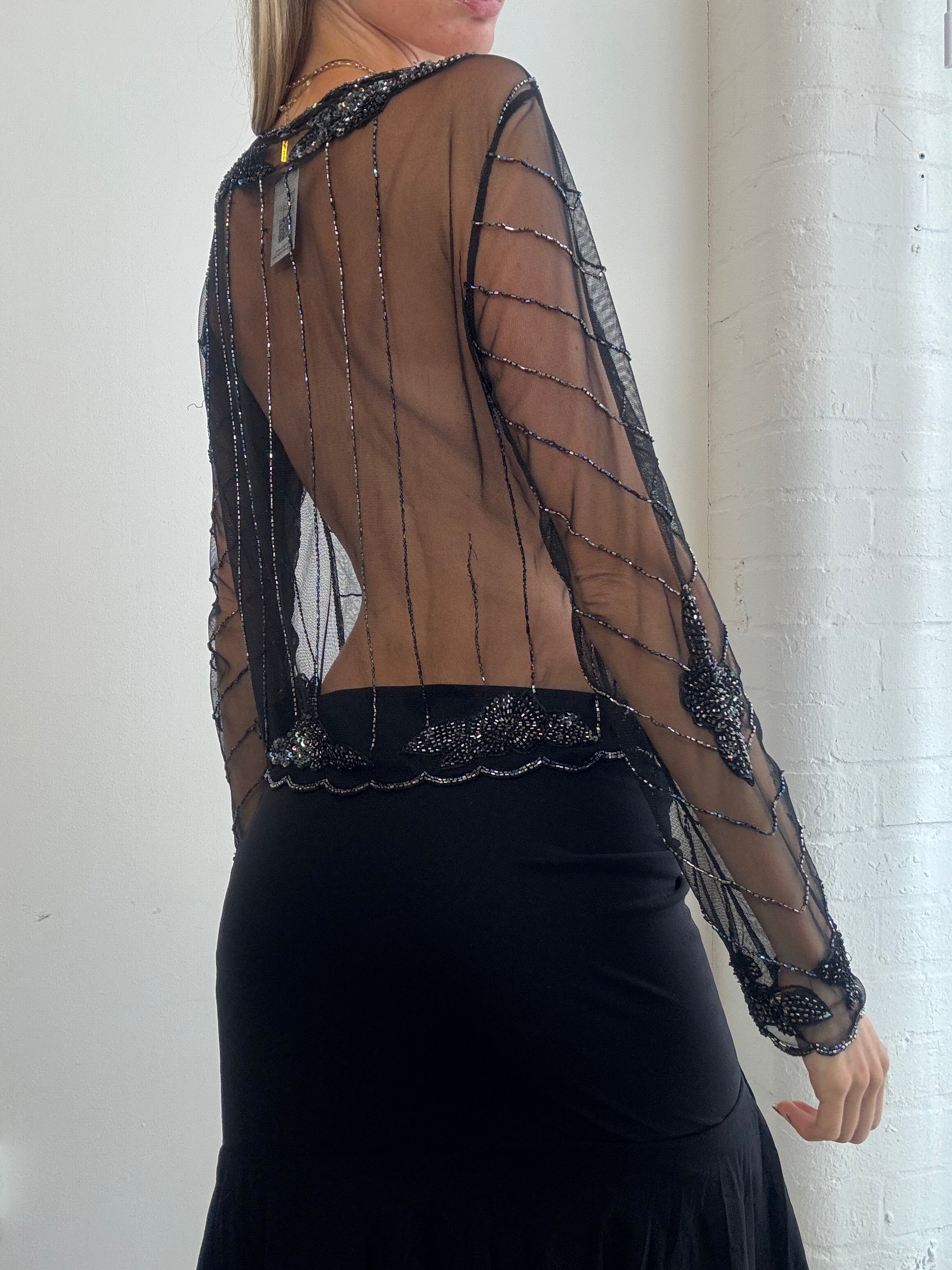 Vintage Y2K sheer black beaded mesh cardigan - Size M