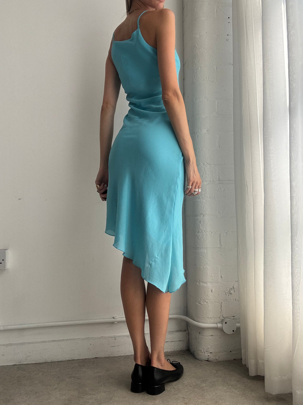 Vintage Y2K Turquoise Bias Cut Slip Dress – Asymmetric Hem Midi Dress - Size XS