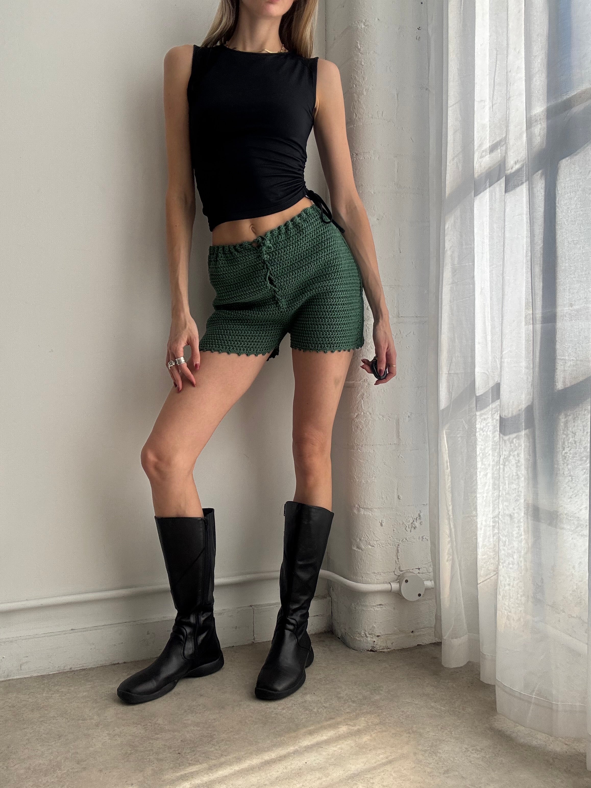 Vintage Y2K green crochet knit lace up shorts