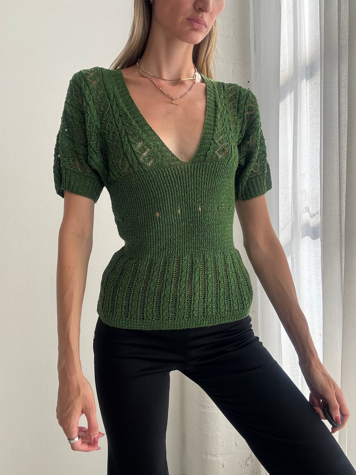 Vintage Y2K Forest Green Crochet Knit V Neck Top - Size S