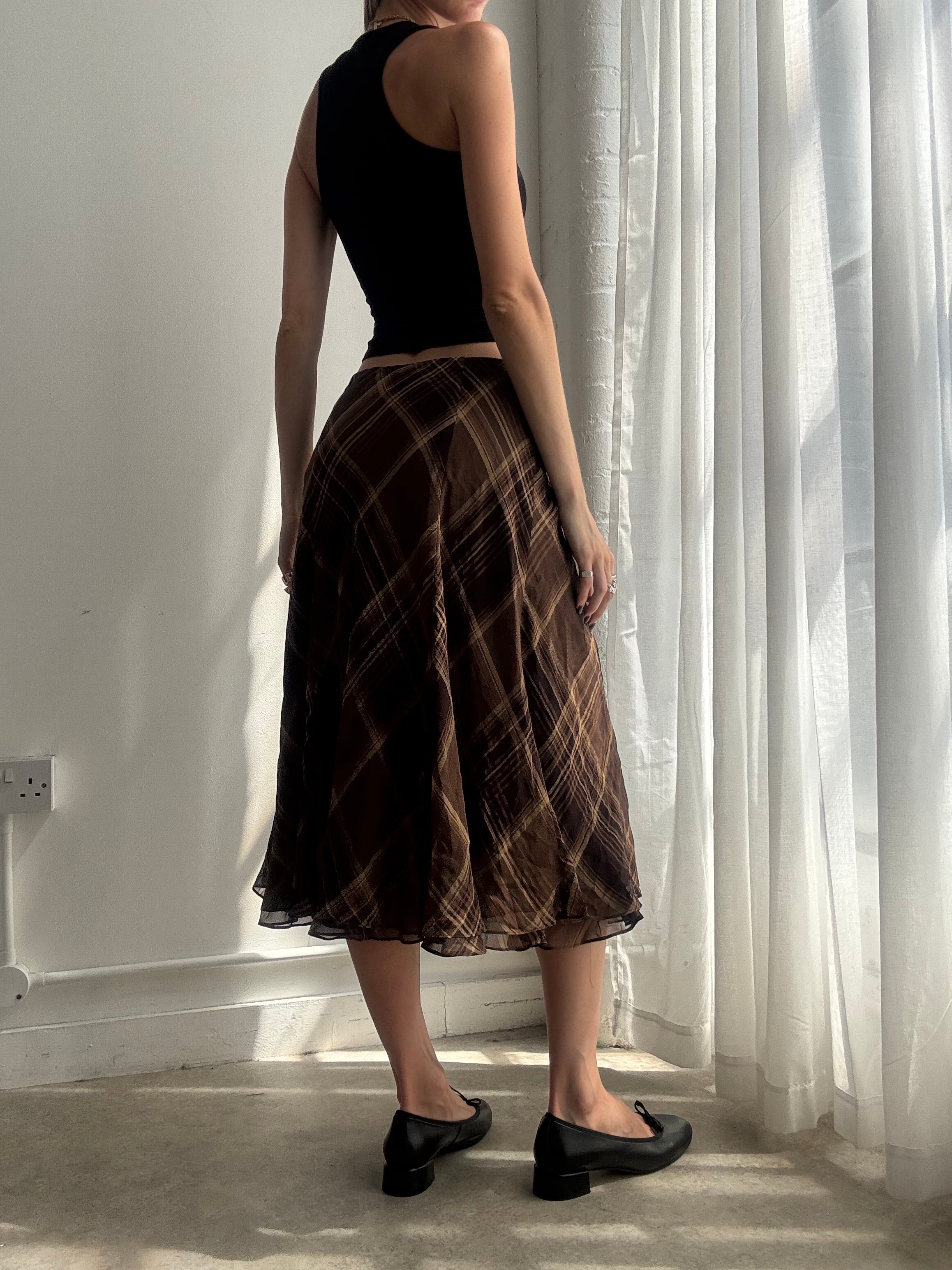 Vintage Ralph Lauren brown plaid bias-cut silk midi skirt - size M