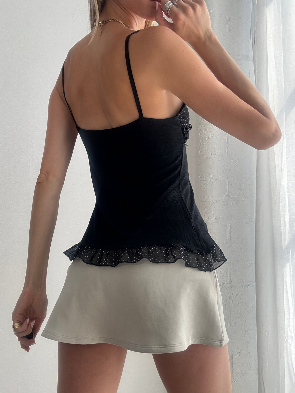 Vintage Y2K Black Lace Trim Polka Dot Cami Top Fairy Grunge Coquette - Size XS/S