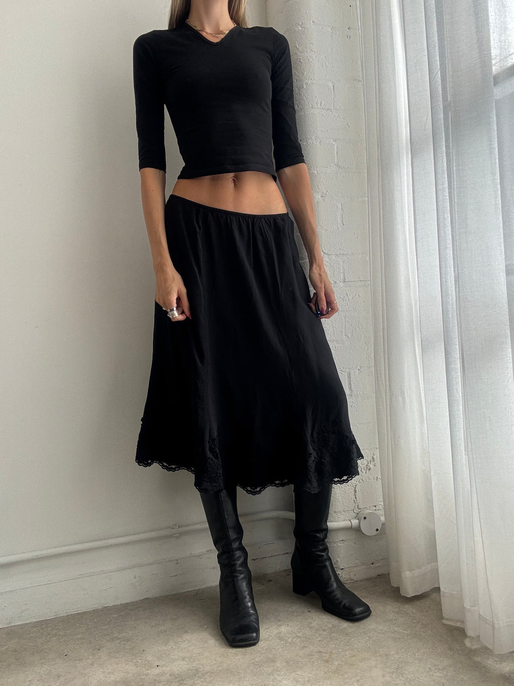 Vintage Y2K Black Floaty Silk & Lace Midi Skirt - Size M