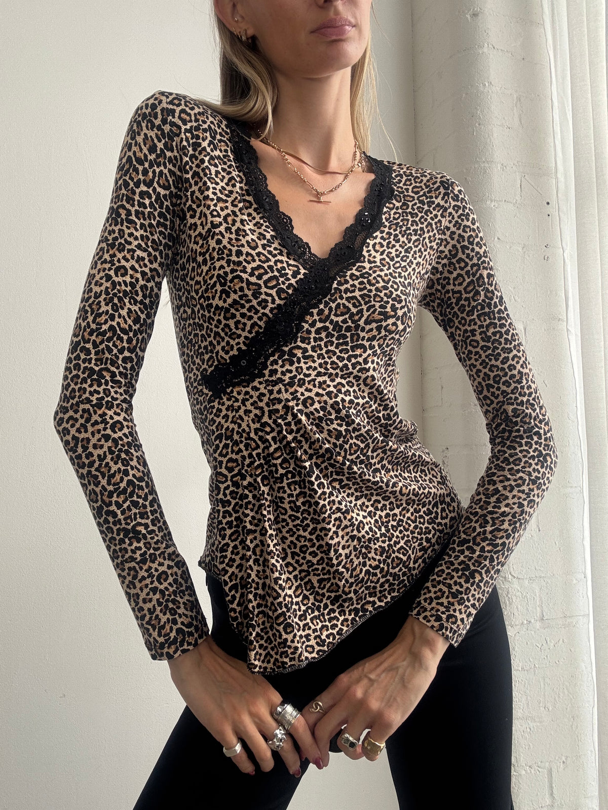 Vintage Y2K Leopard Print Lace Trim Wrap Top - Size S