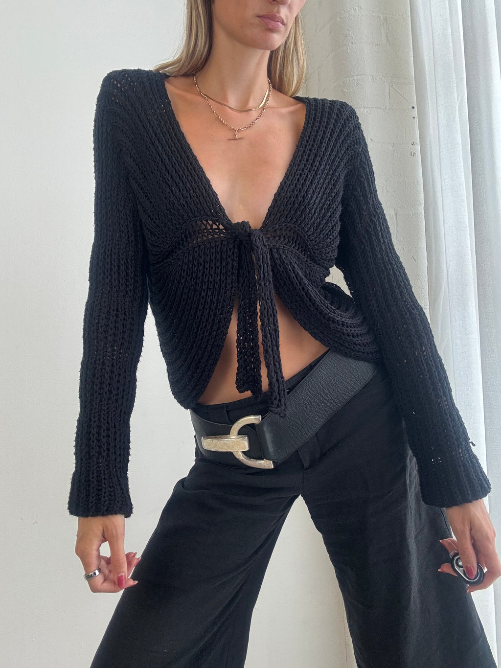 Vintage Y2K Black Chunky Knit Tie Front Cardigan - Size M