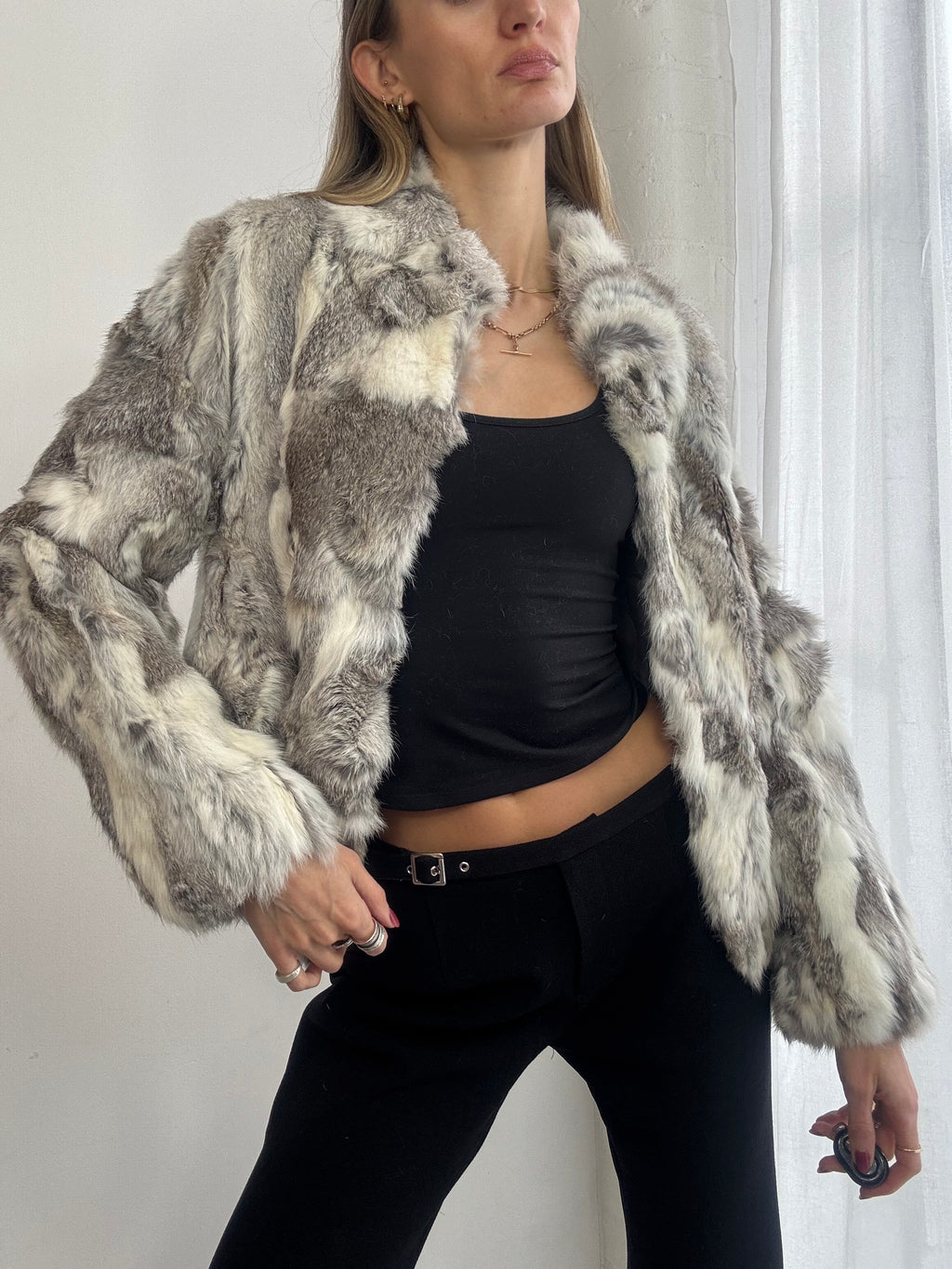 Vintage Y2K grey & white rabbit fur jacket