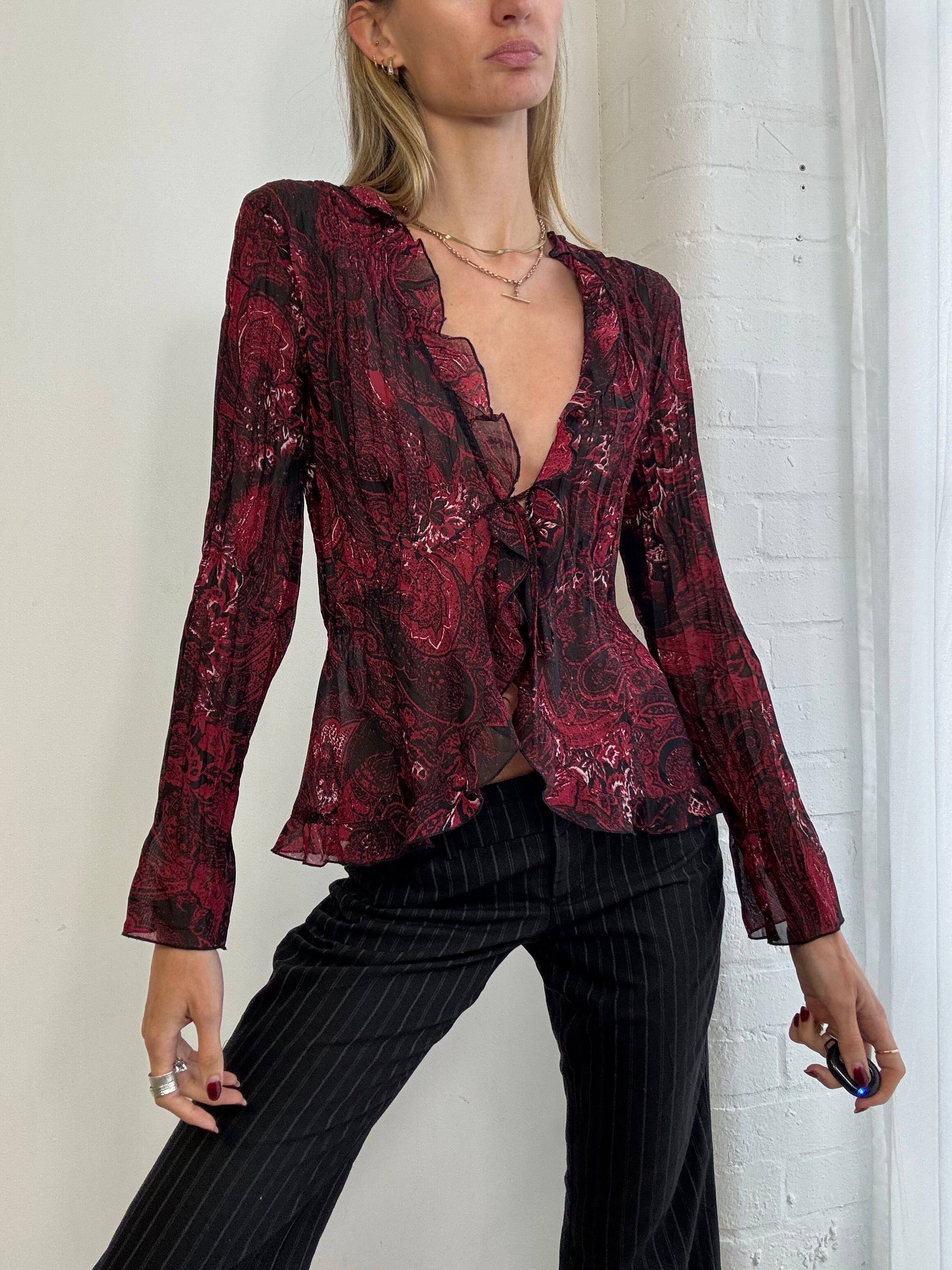 Vintage Y2K tie front ruffle mesh top