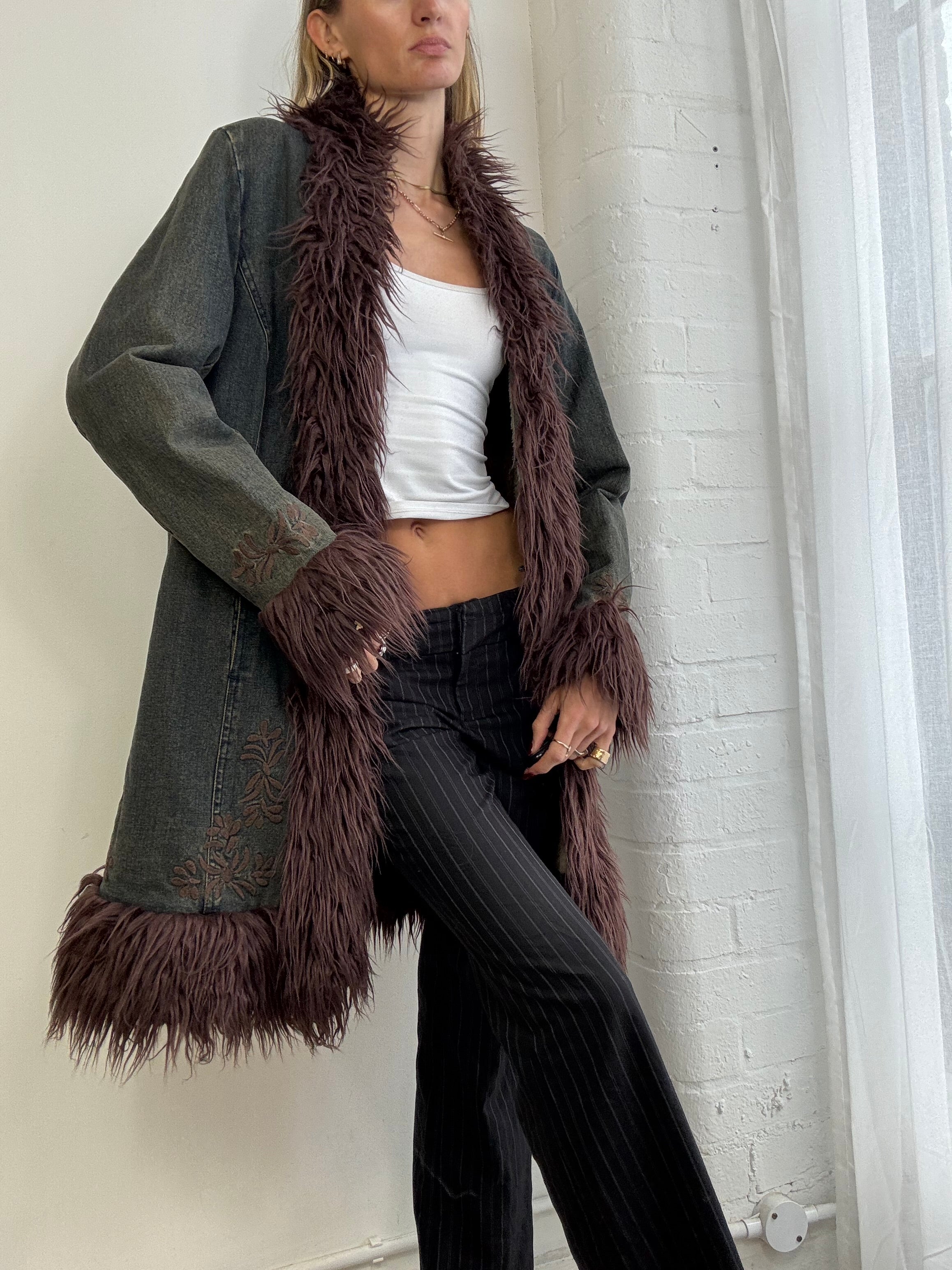 Vintage Y2K denim embroidered afghan coat