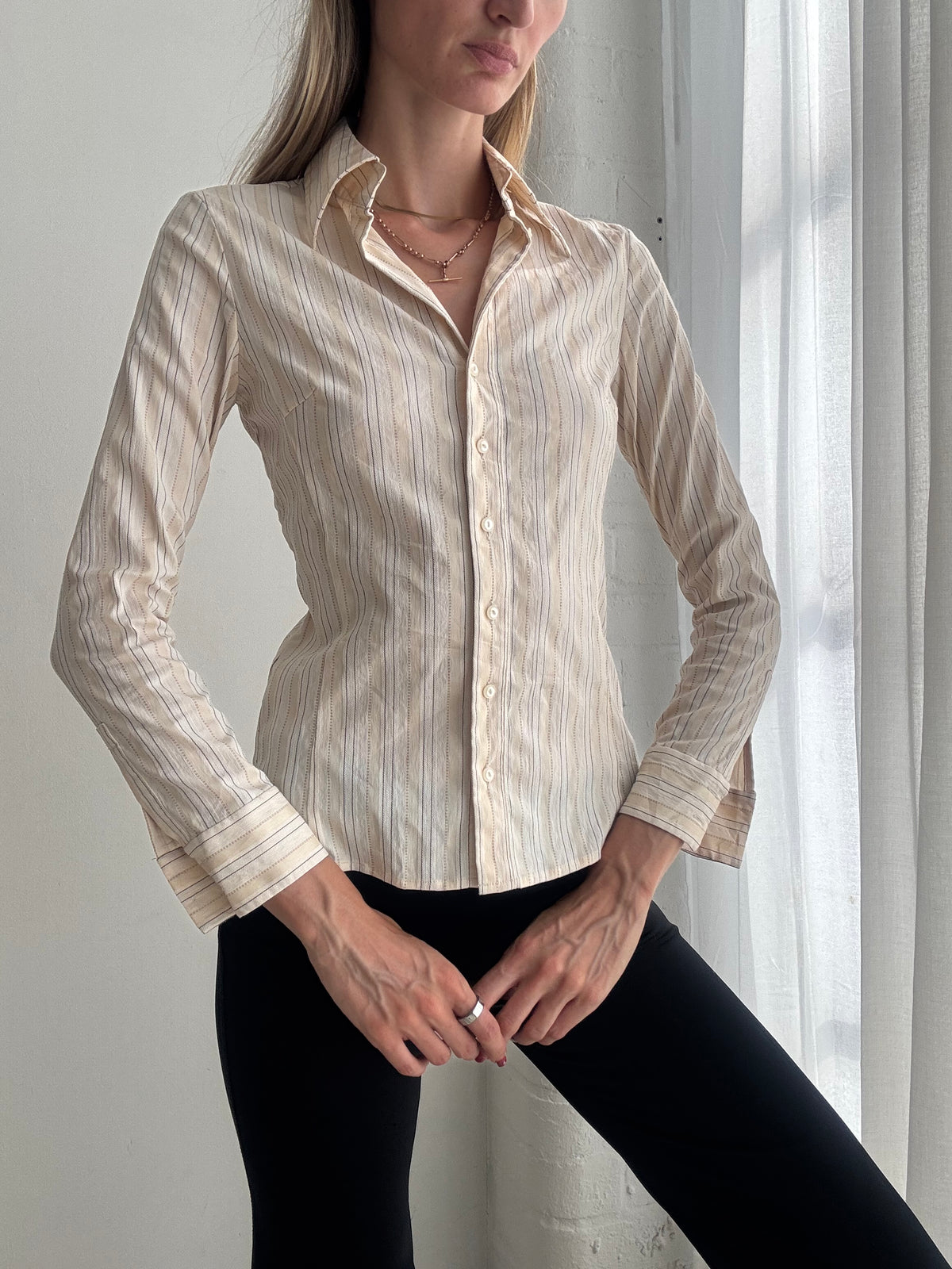 Vintage Y2K Cream Striped Fitted Button Up Shirt - Size S
