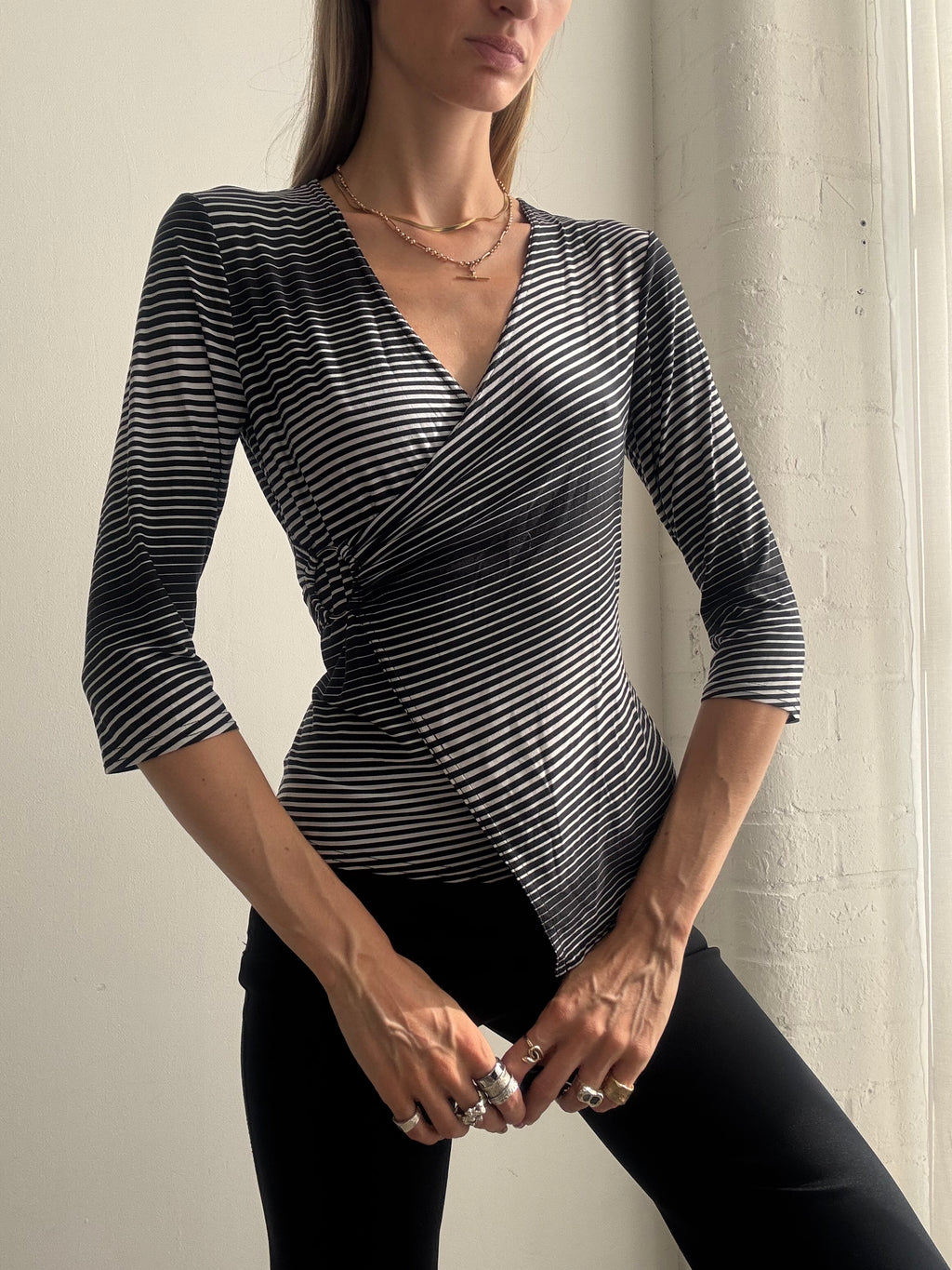 Vintage Y2K Black & White Striped Wrap Top - Size L