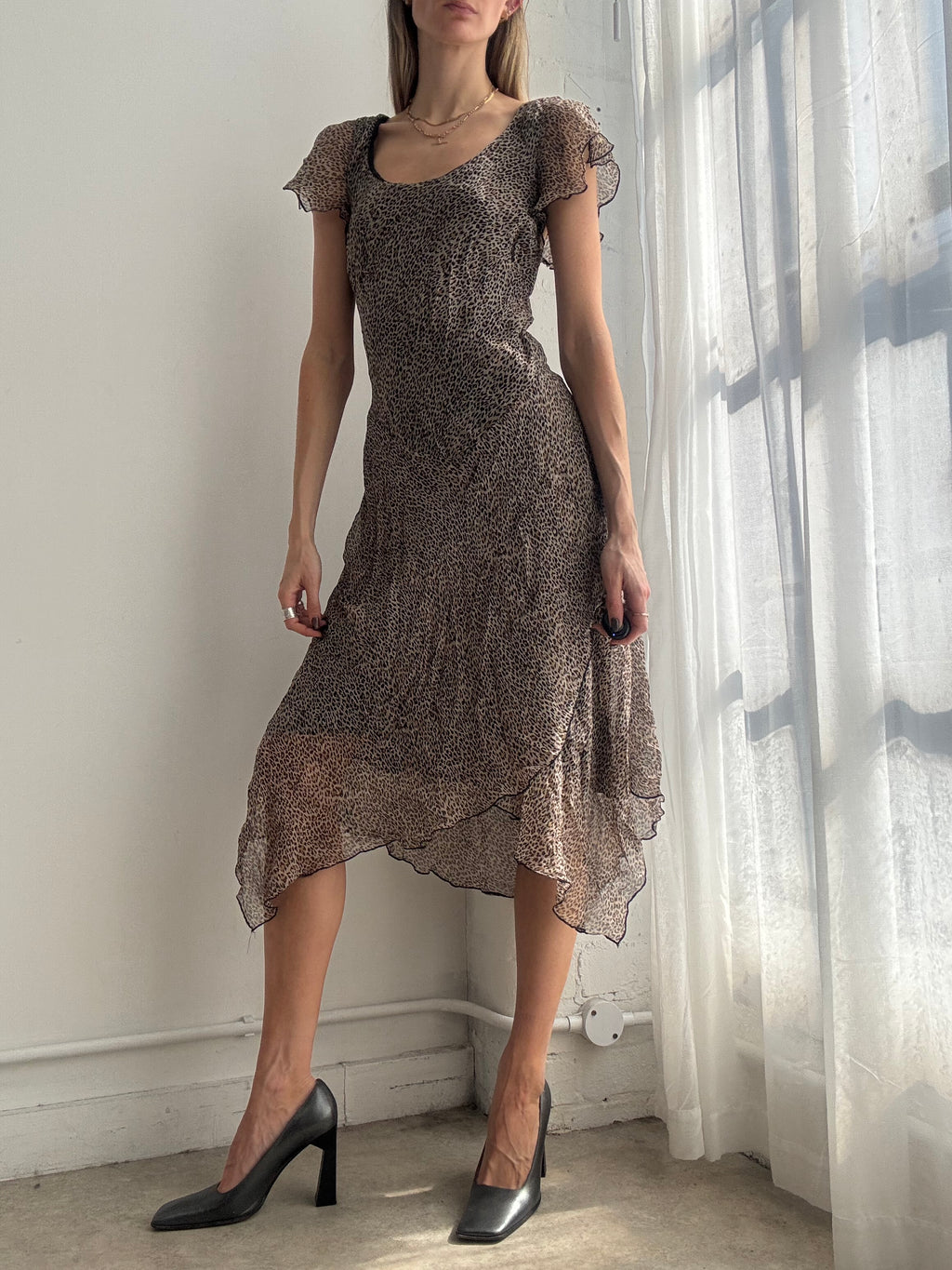 Vintage Y2K brown leopard print asymmetrical silk midi dress - Size M