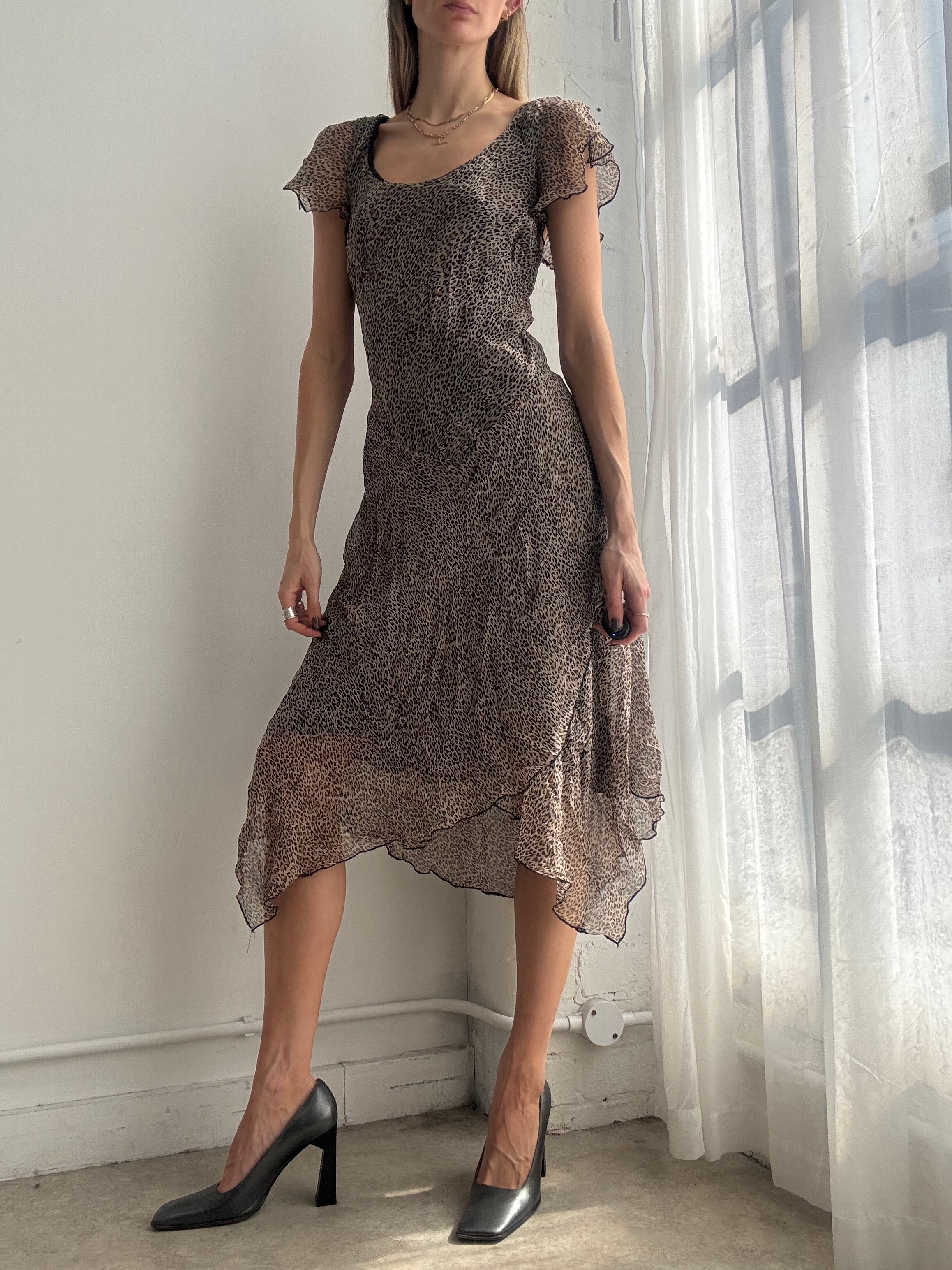 Vintage Y2K brown leopard print asymmetrical silk midi dress - Size M