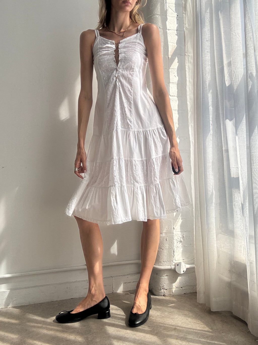 Vintage White Tiered Cotton Midi Dress - Size XS