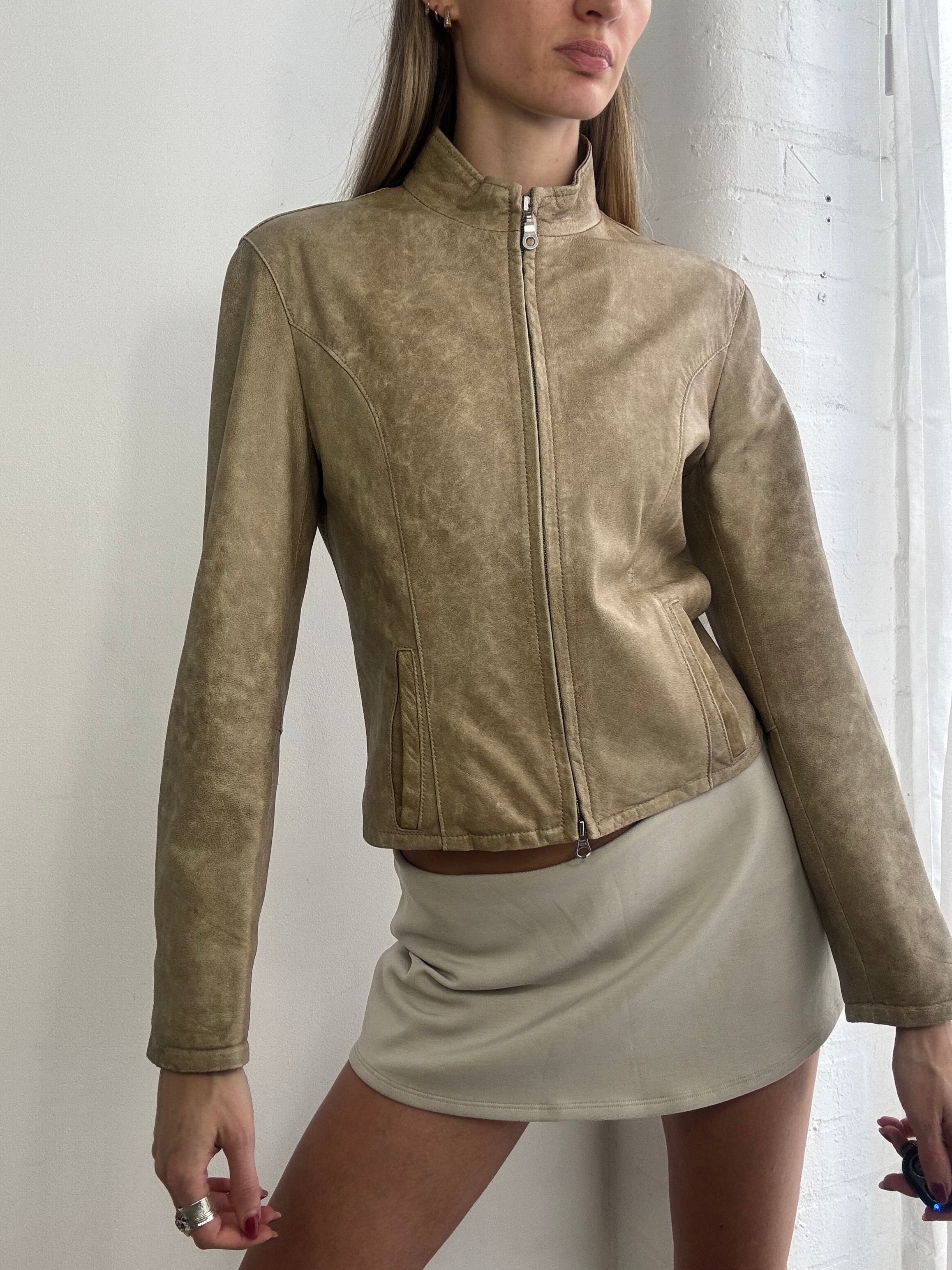 Vintage Y2K beige distressed leather jacket