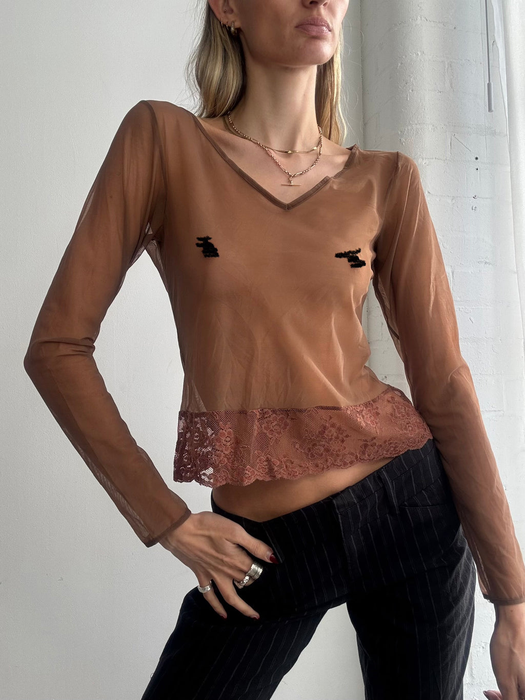 Vintage Y2K brown intimissimi long sleeve mesh and lace top