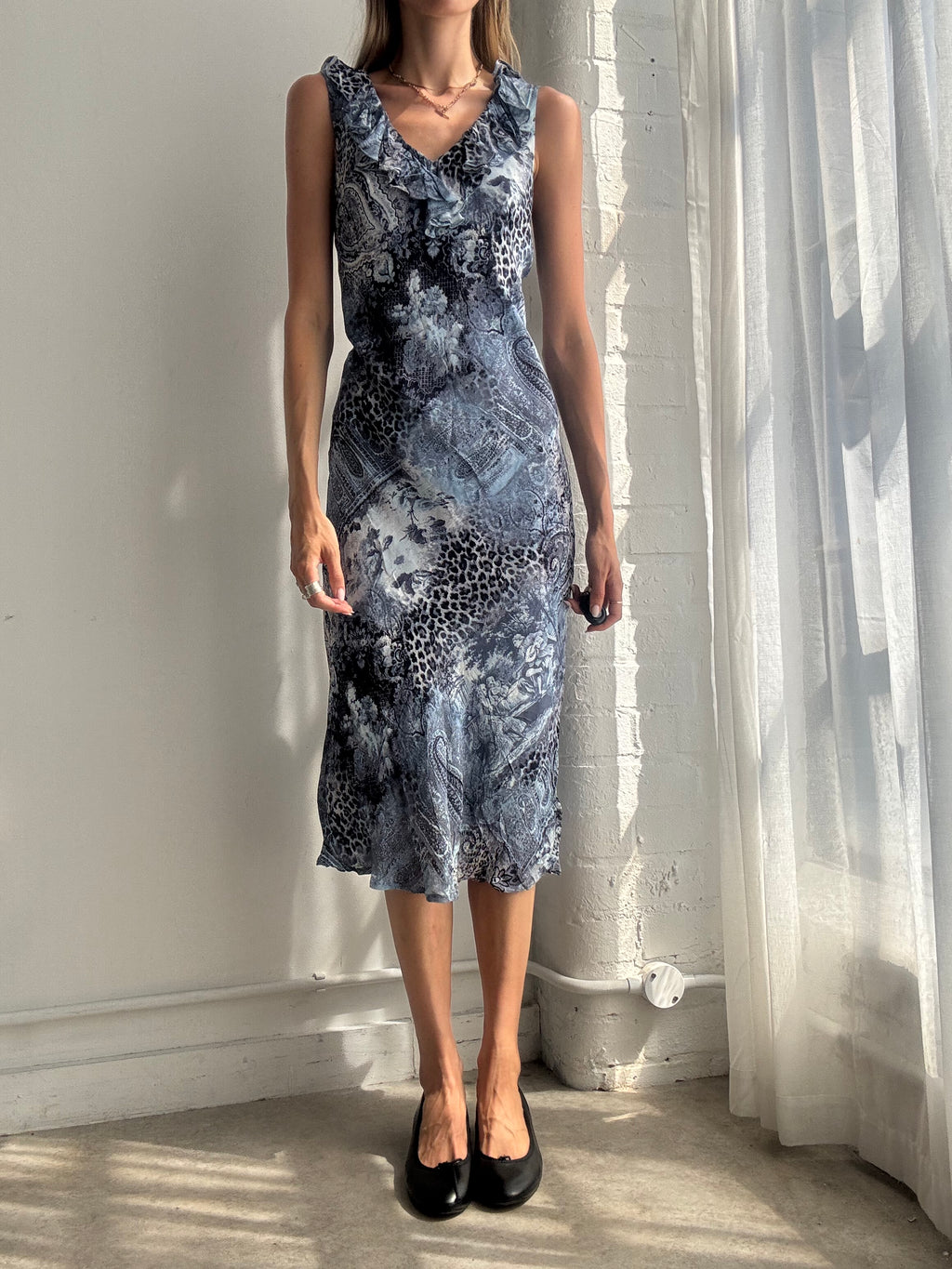 Vintage Y2K Blue Paisley Mesh Midi Dress - Size M