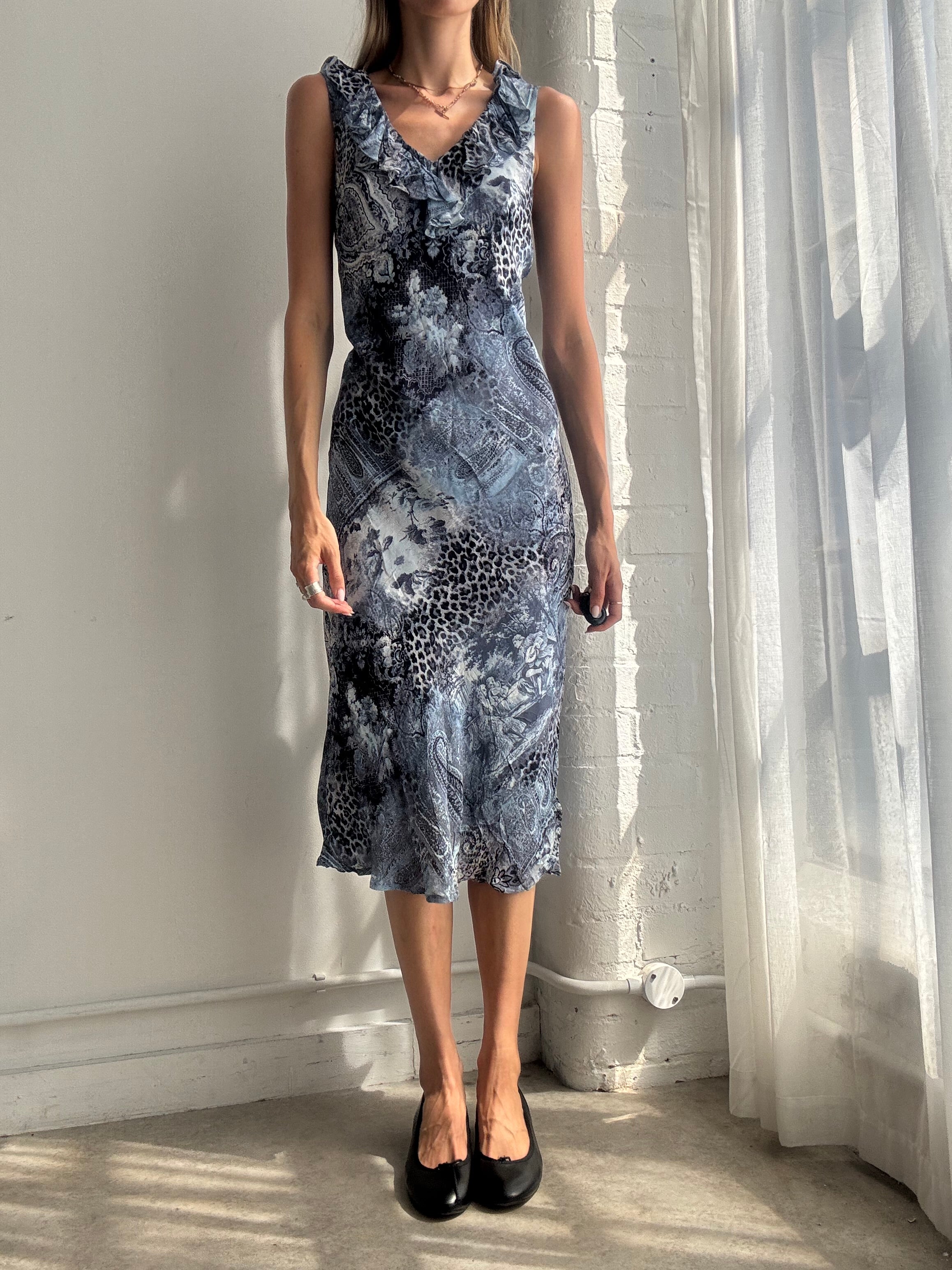 Vintage Y2K Blue Paisley Mesh Midi Dress - Size M