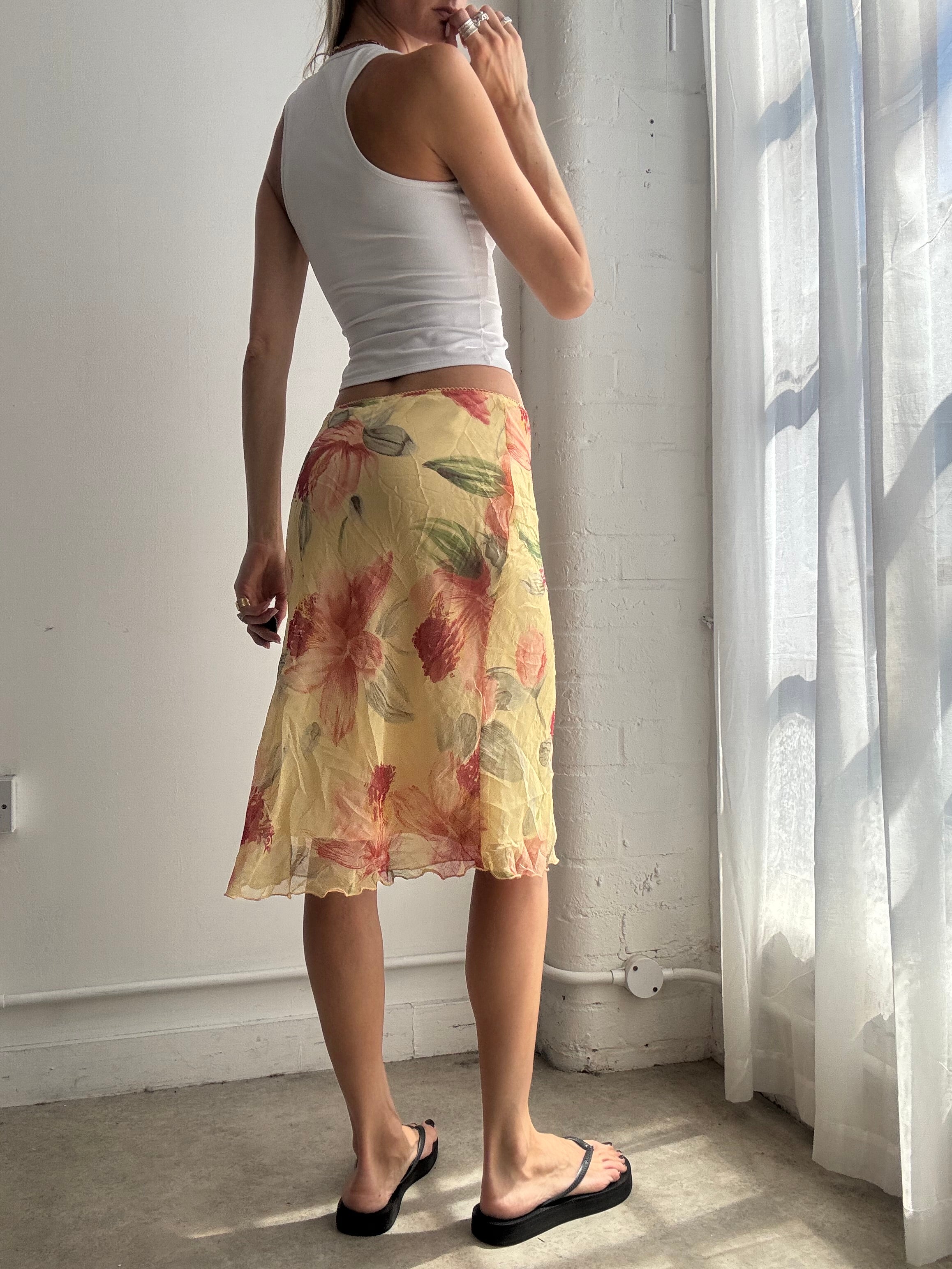 Vintage Floral Mesh Midi Skirt Y2K - Size XS/S