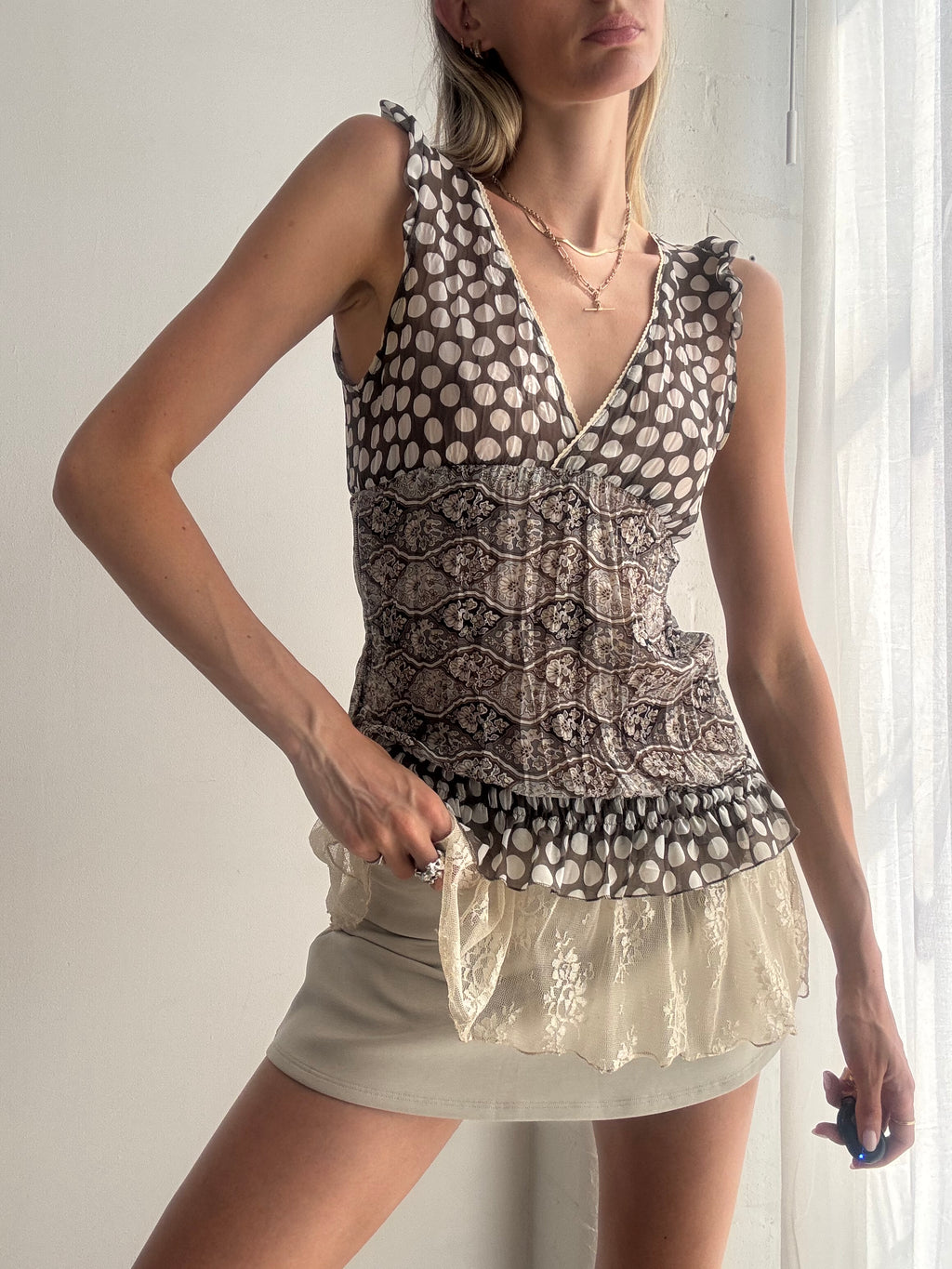 Vintage Y2K Polkadot Mesh & Lace Trim Sleeveless Top Fairy Grunge Boho - Size S