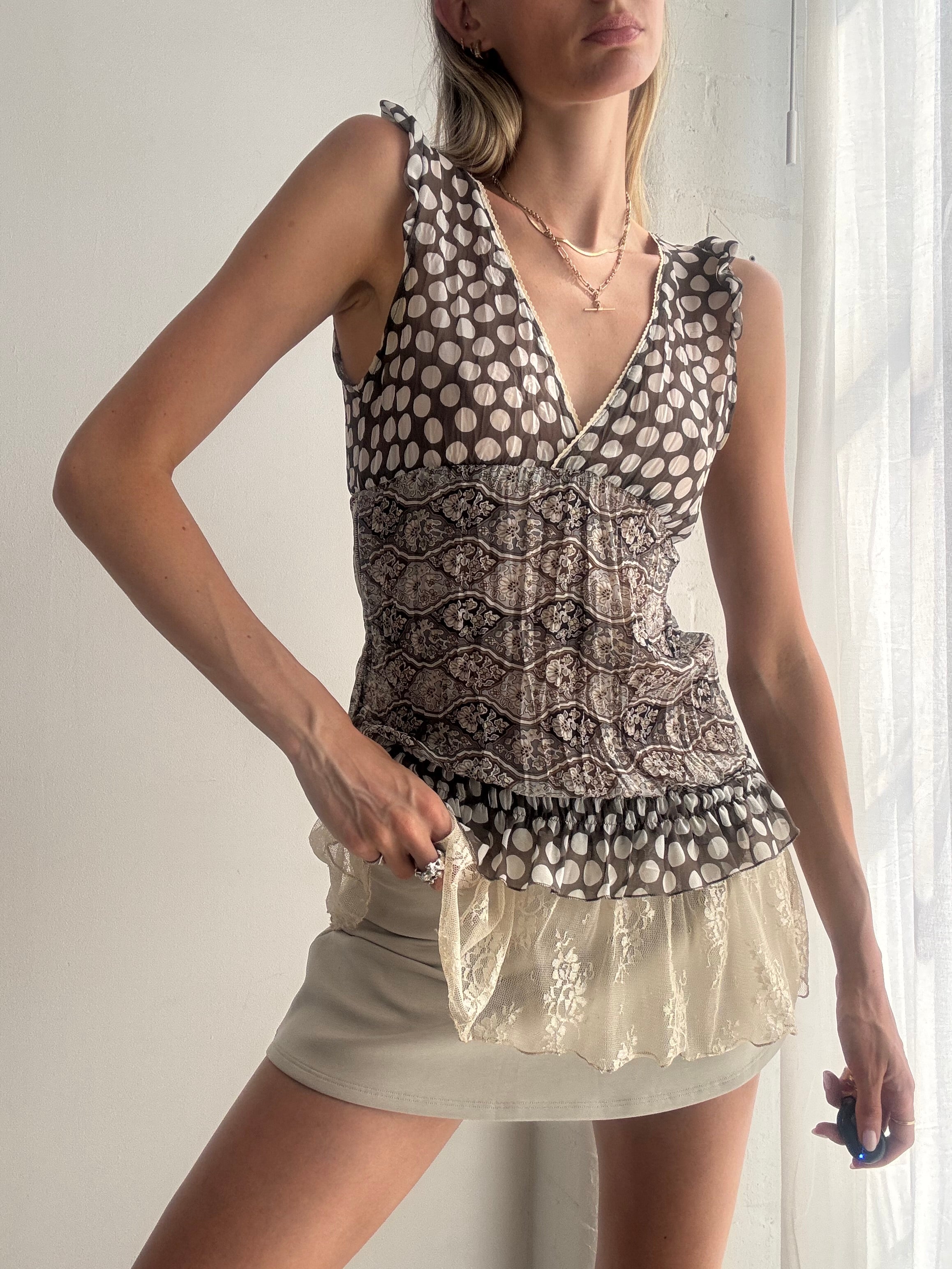Vintage Y2K Polkadot Mesh & Lace Trim Sleeveless Top Fairy Grunge Boho - Size S