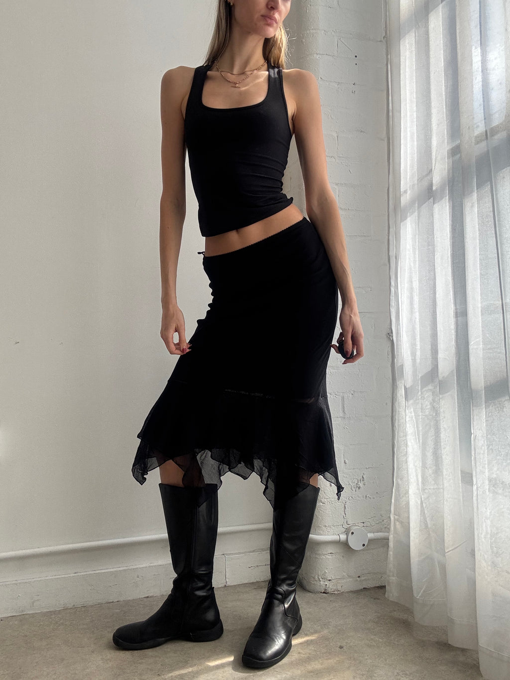 Vintage Y2k black mesh asymmetric midi skirt