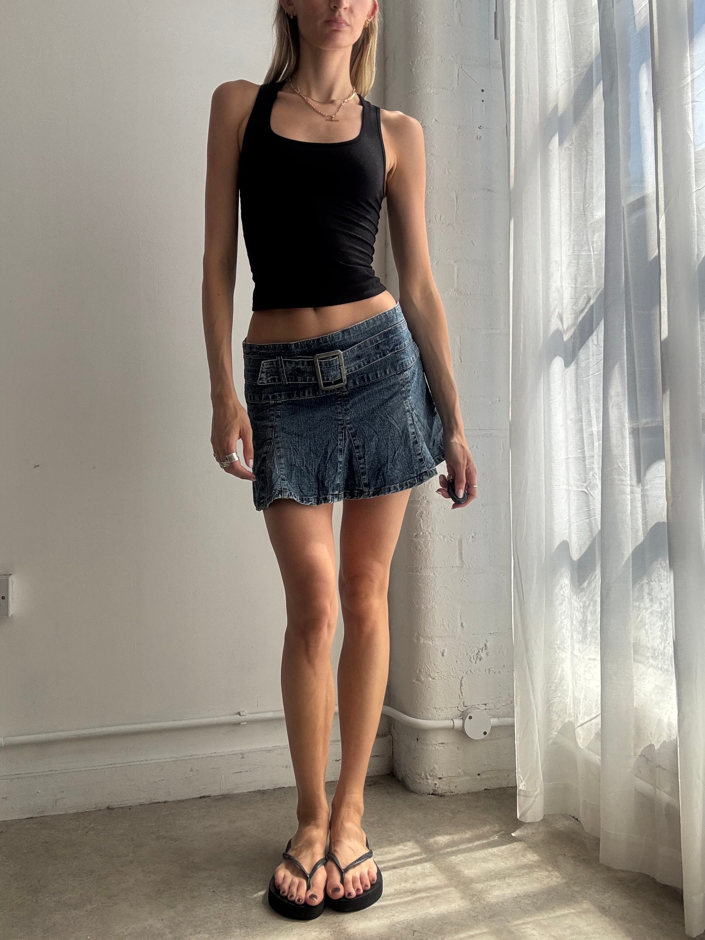 Vintage Denim Pleated Mini Skirt Y2K - Size XS