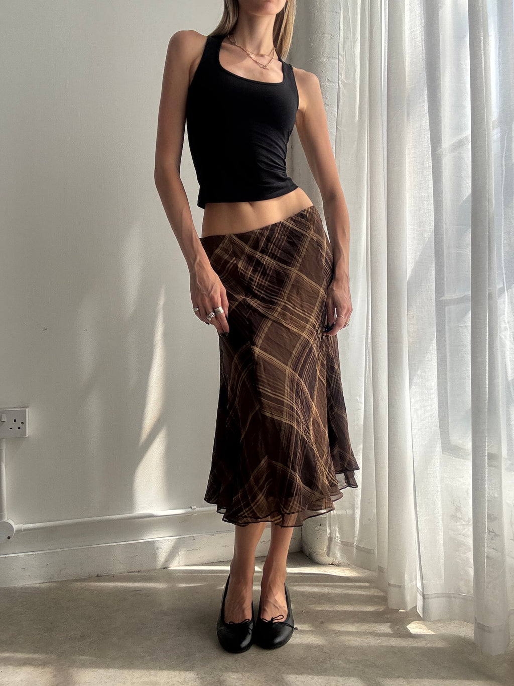 Vintage Ralph Lauren brown plaid bias-cut silk midi skirt - size M