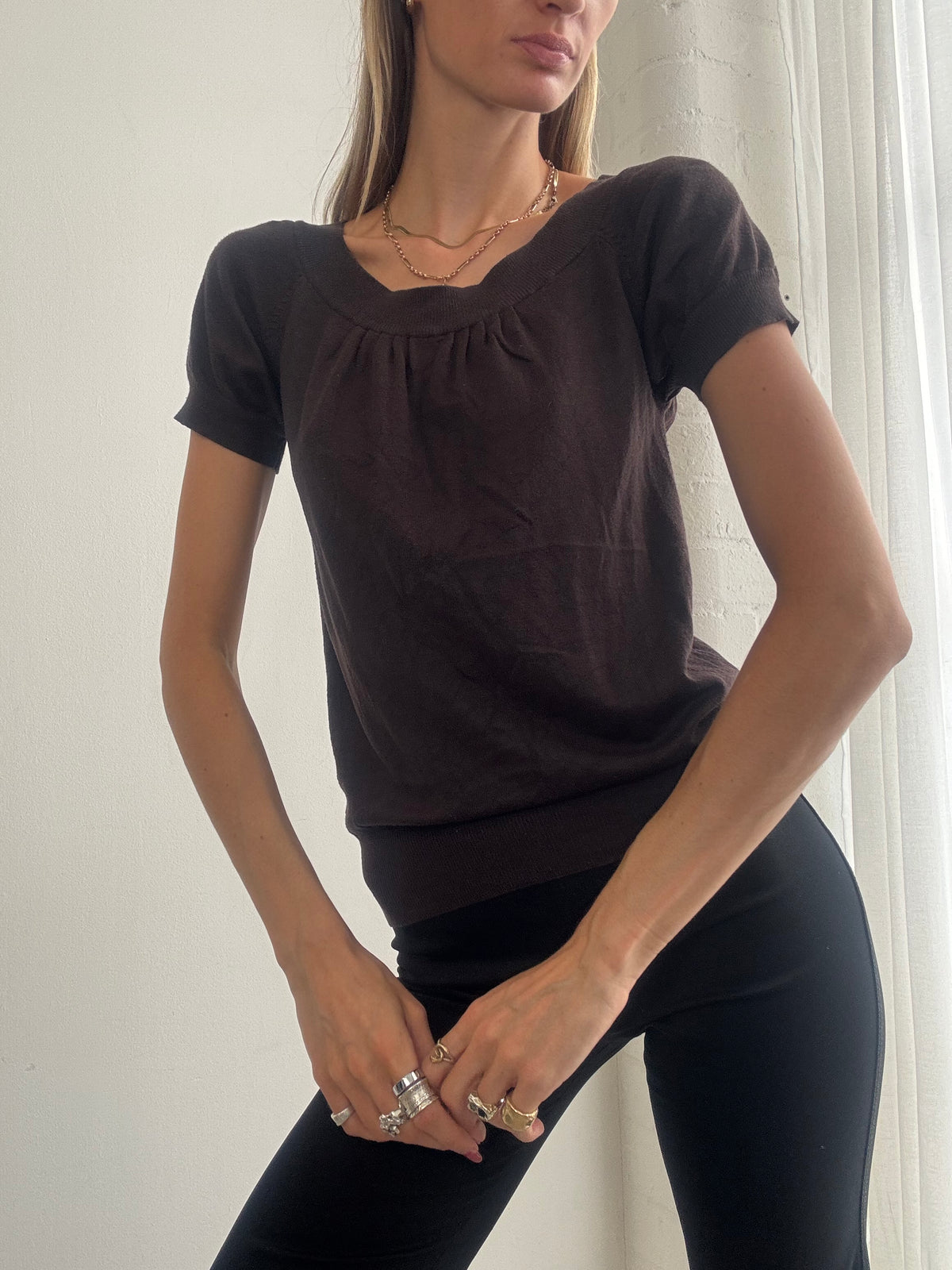 Vintage Y2K Chocolate Brown Gathered Short Sleeve Top - Size S