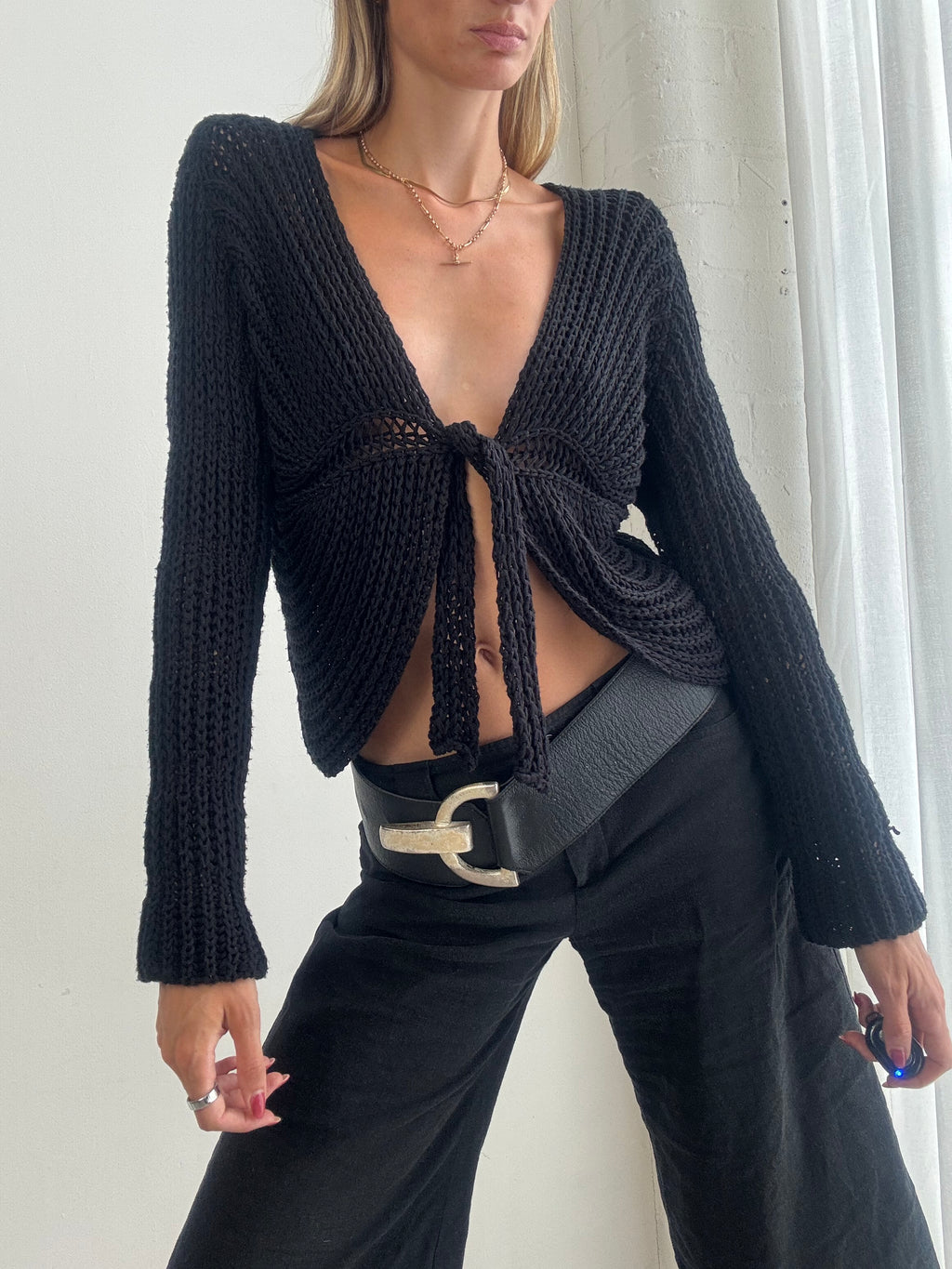 Vintage Y2K Black Chunky Knit Tie Front Cardigan - Size M