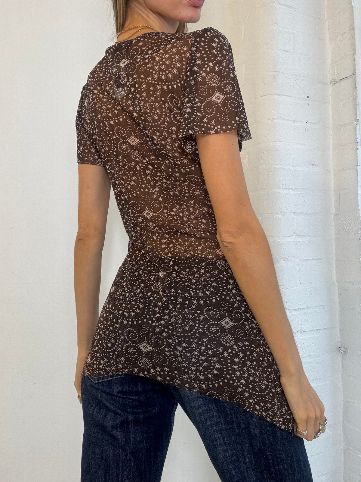 Vintage Y2K Brown Print Sheer Mesh Asymmetric Tunic Top - Size S