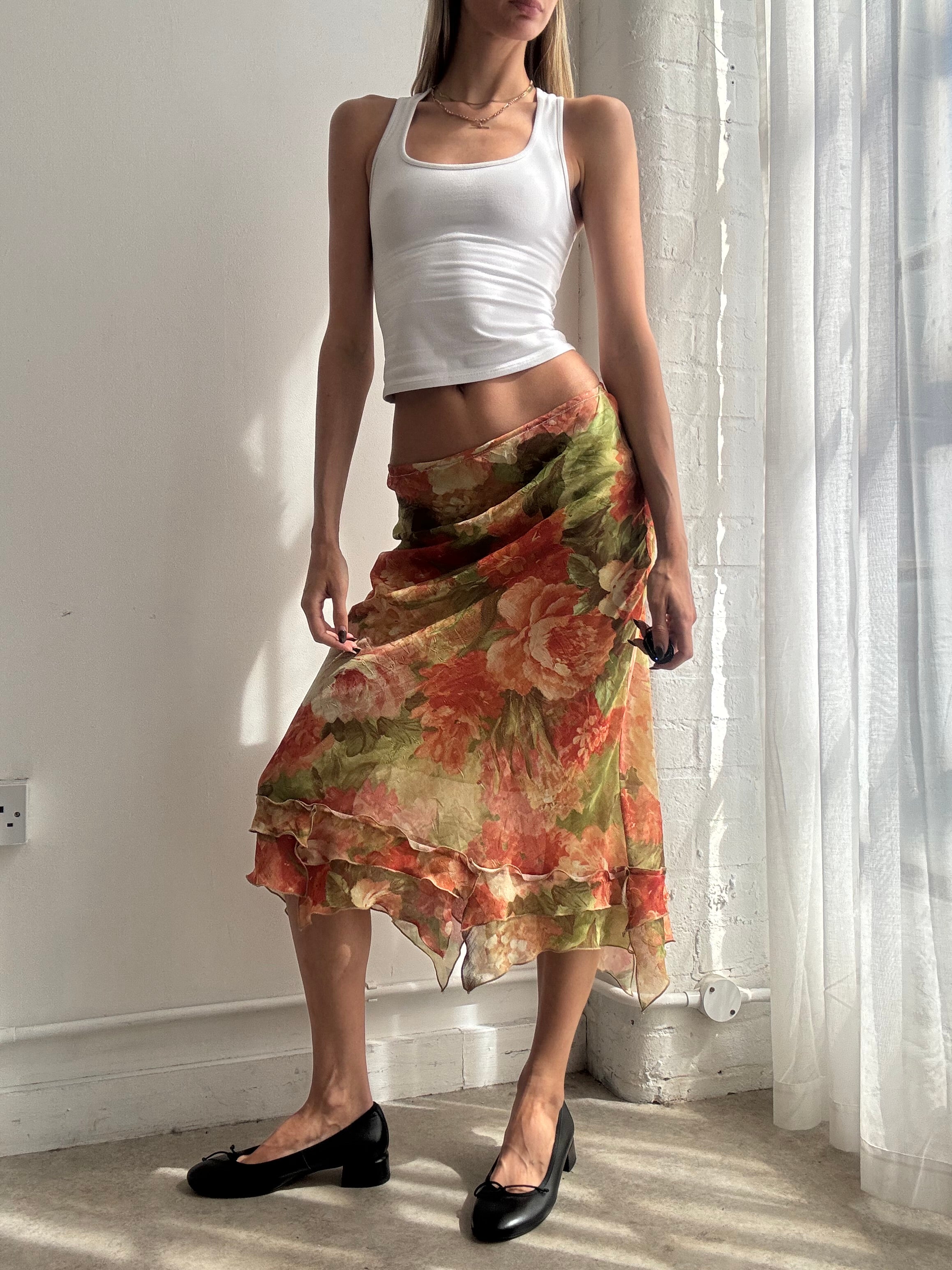 Vintage Y2K floral mesh ruffle midi skirt - Size XS/S