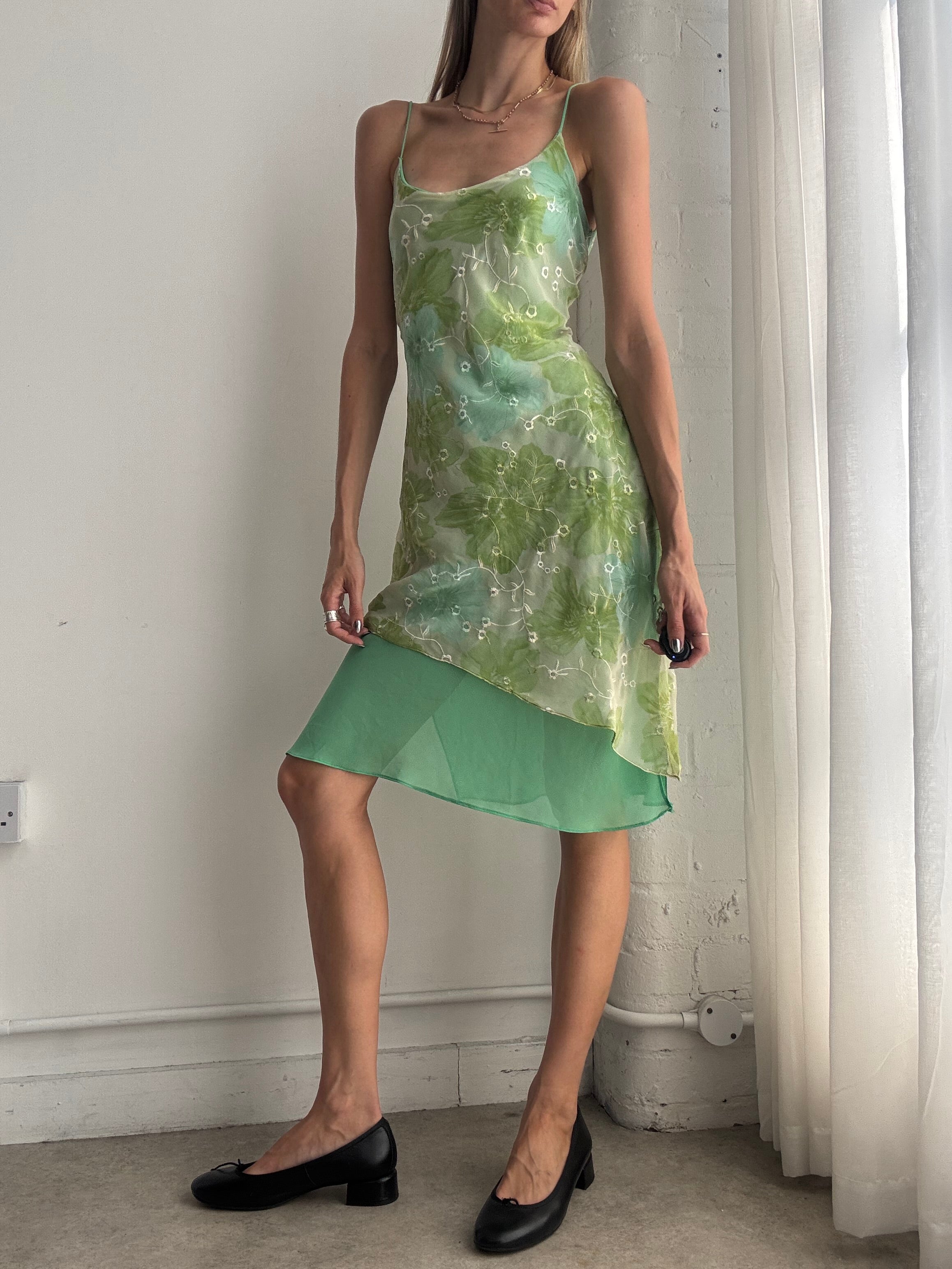 Vintage Y2K Green Embroidered Floral Mesh Layered Slip Midi Dress –  Size S