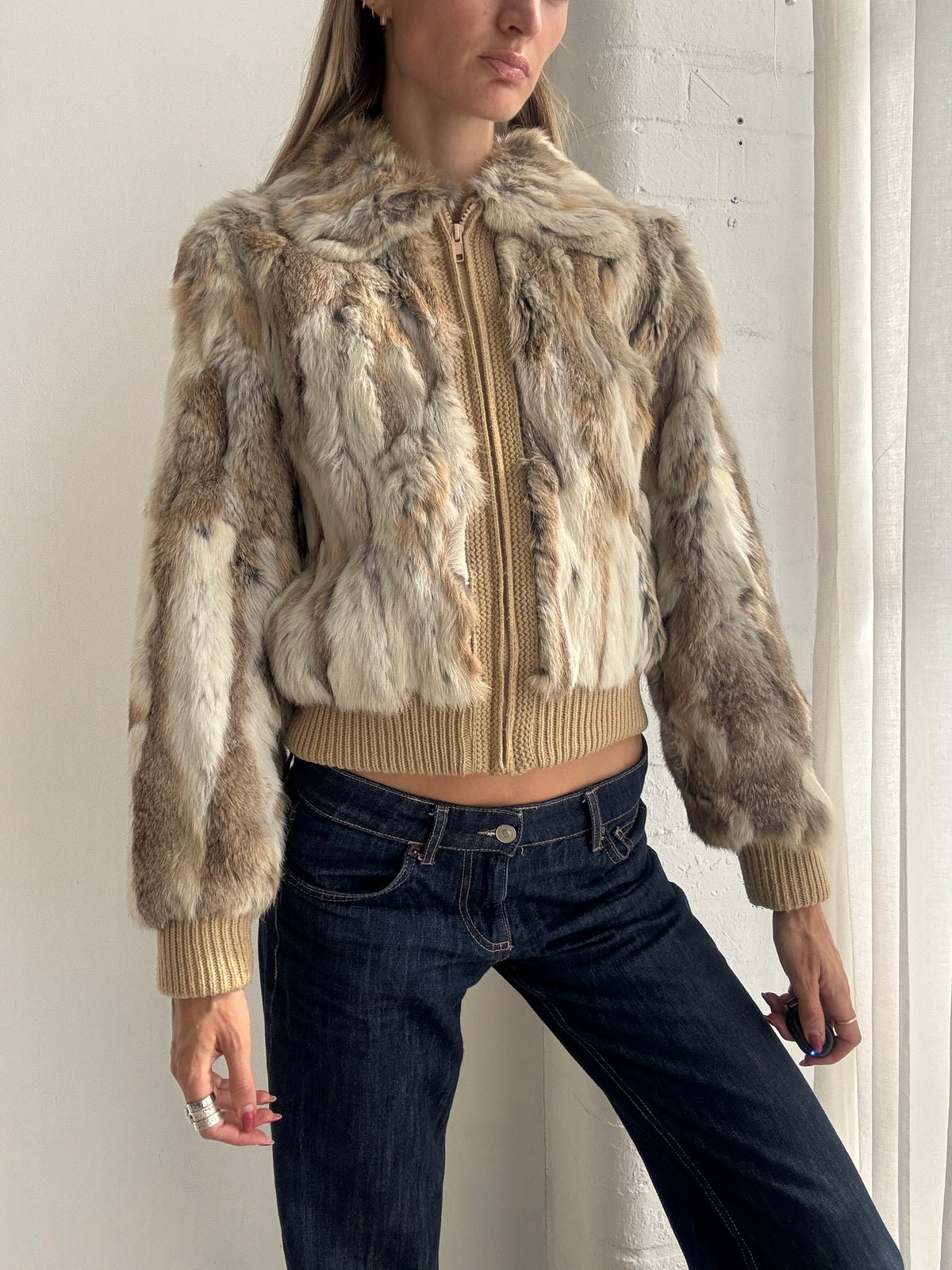 Vintage Y2K Beige Patchwork Fur Cropped Bomber Jacket - Size XS