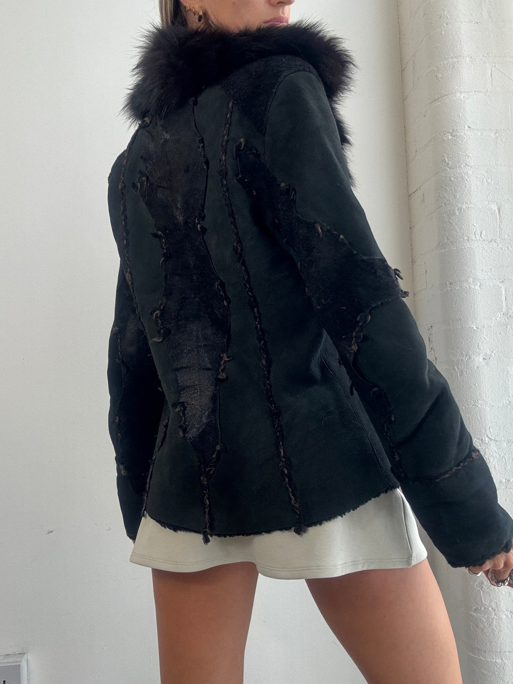 Vintage Y2K Black Real Fur Trim Afghan Jacket - Size S/M