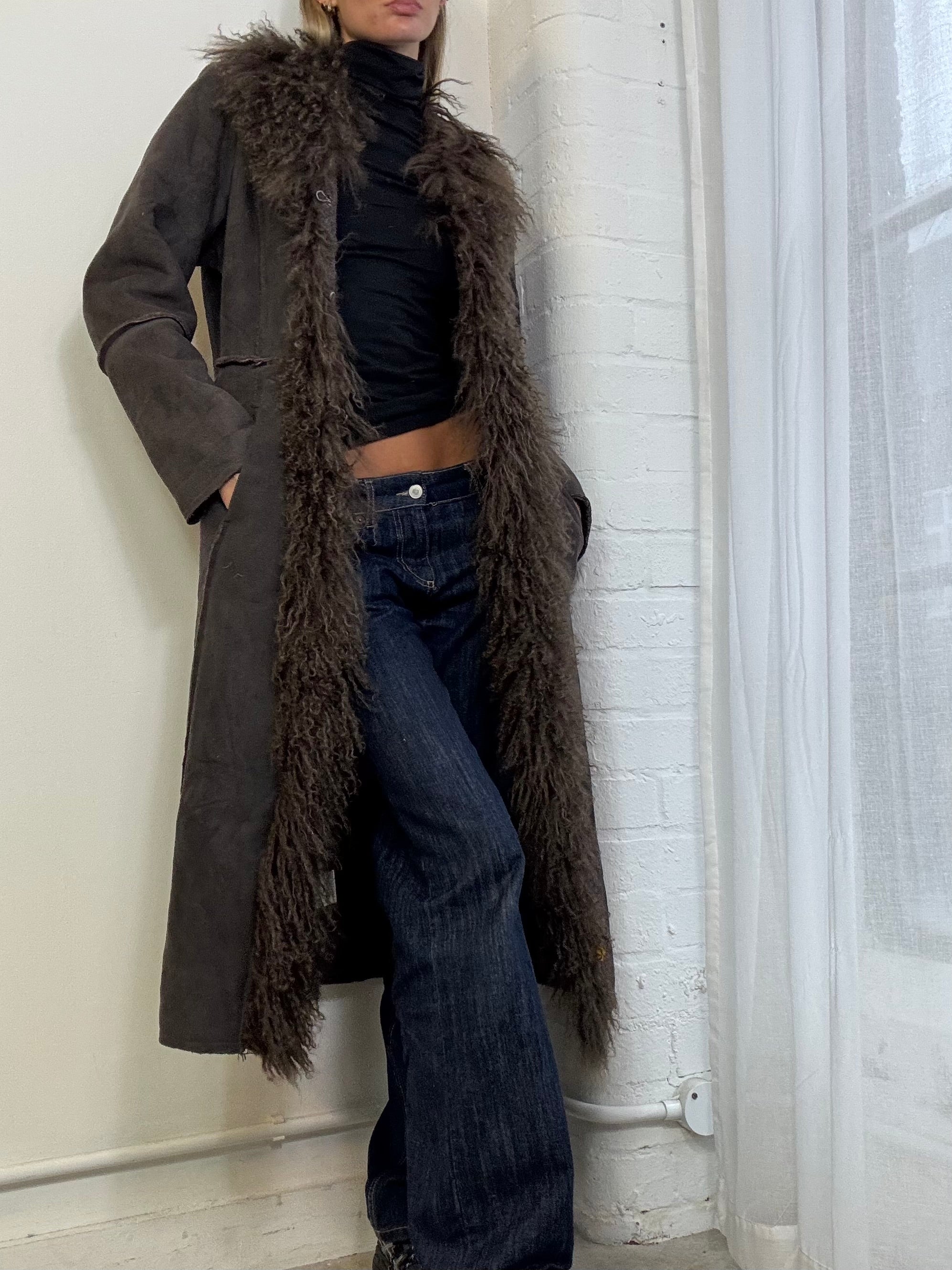 Vintage Y2K penny lane Mongolian fur coat brown