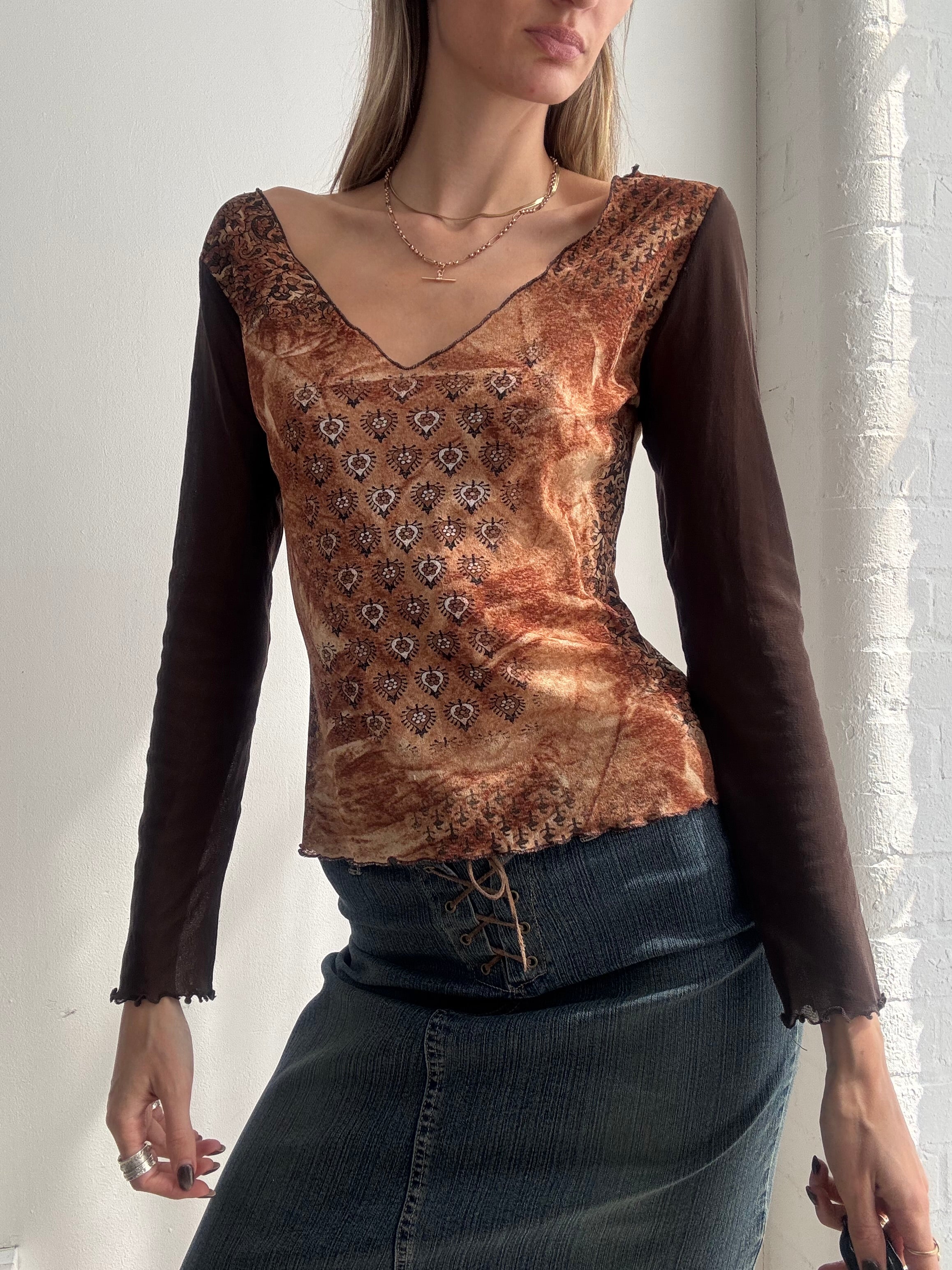 Vintage Y2K brown mesh paisley long sleeve top - Size S
