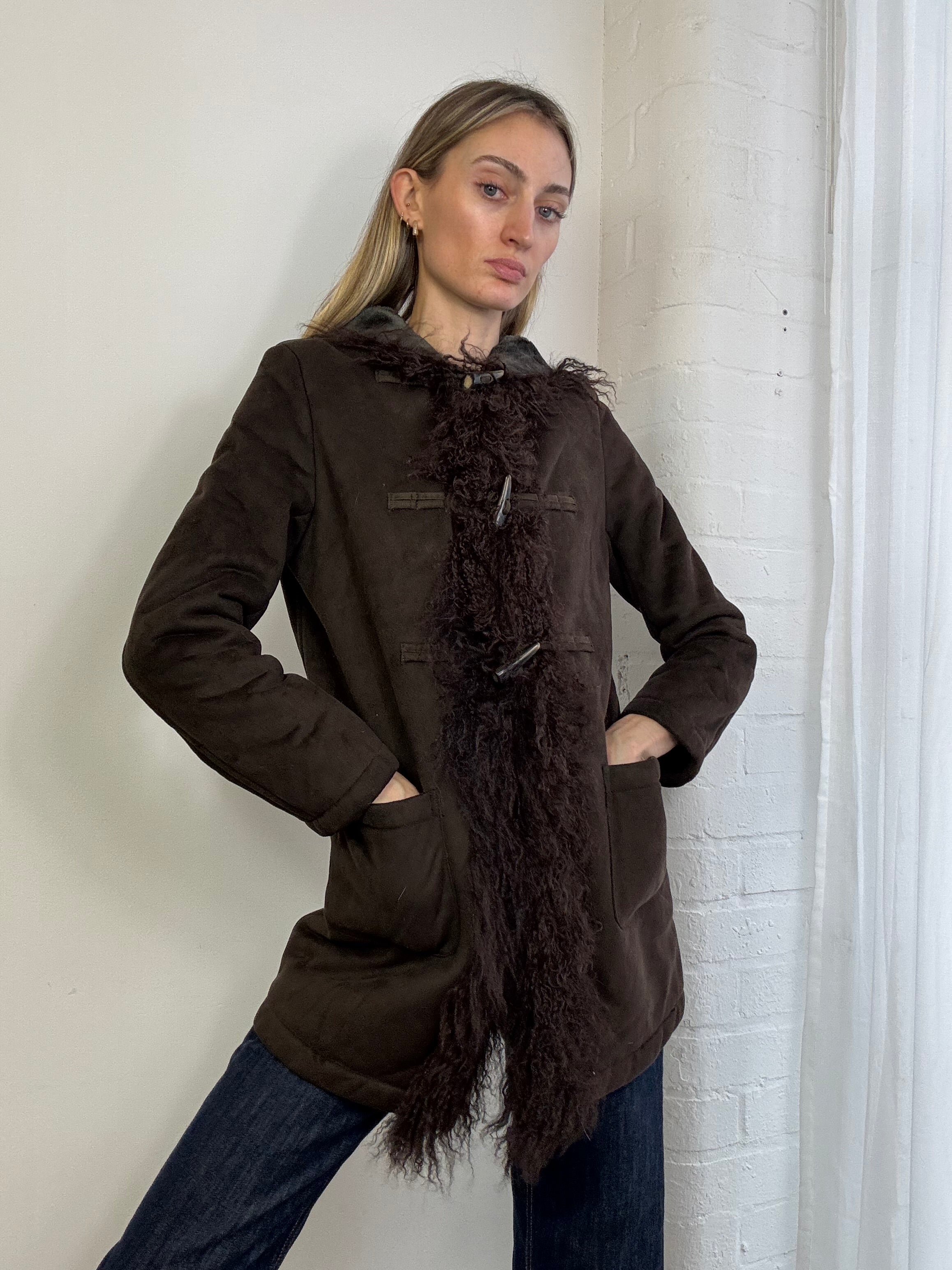 Vintage Y2K brown faux suede hooded coat with Mongolian fur trim