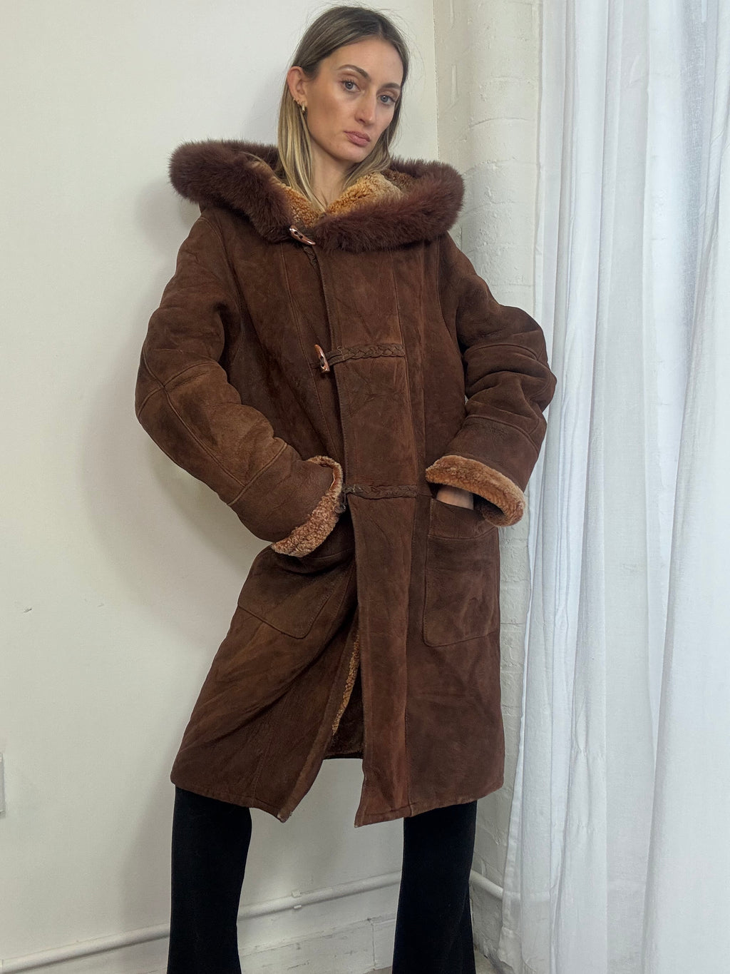 Vintage sheepskin suede long hooded coat fur trim