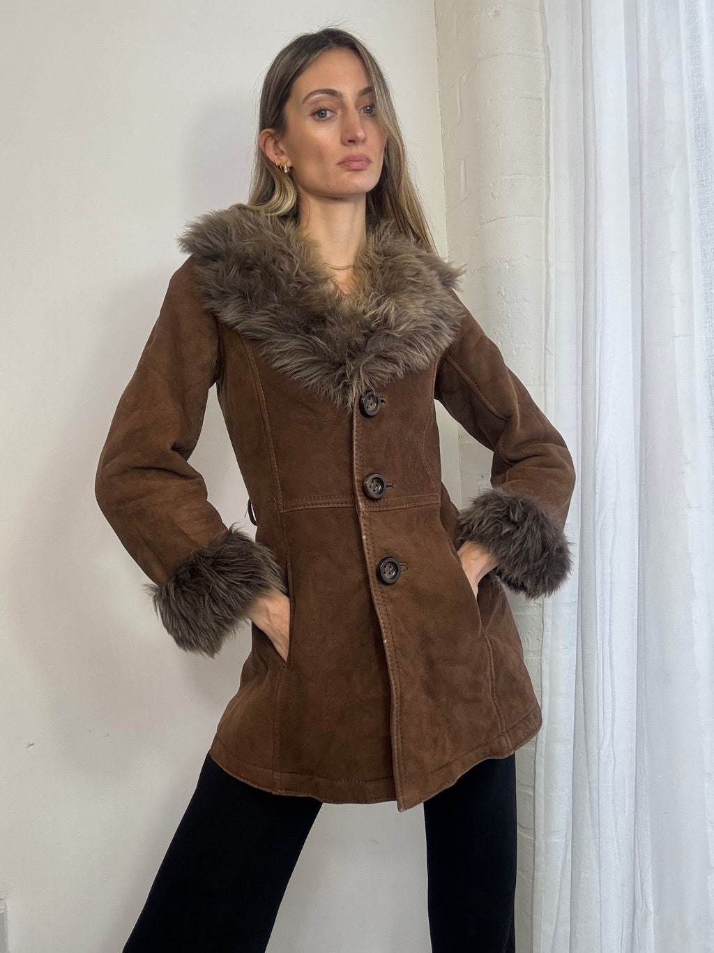 Vintage sheepskin suede coat brown