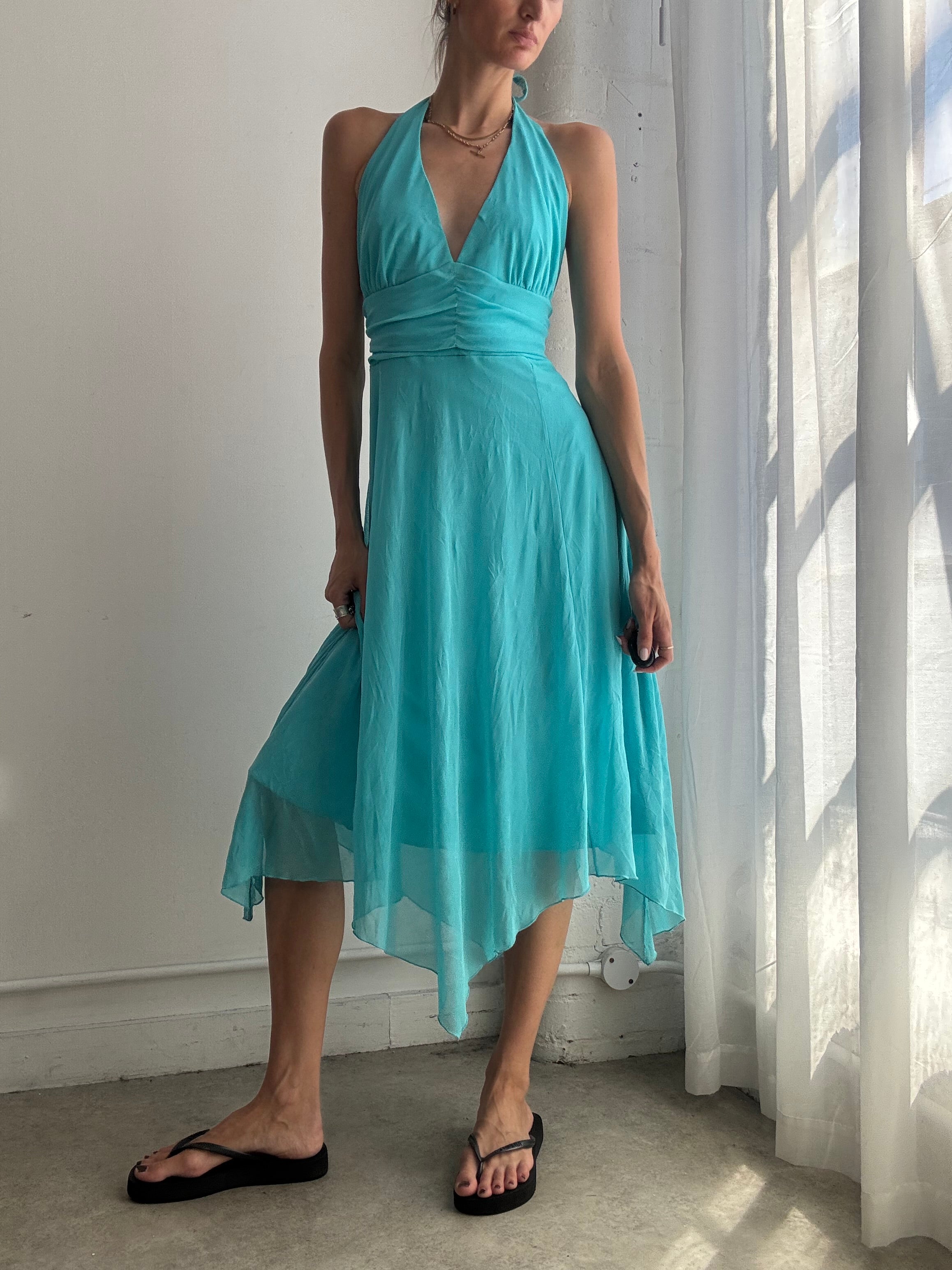 Vintage Turquoise Asymmetric Hem Halter Dress Y2K - Size L