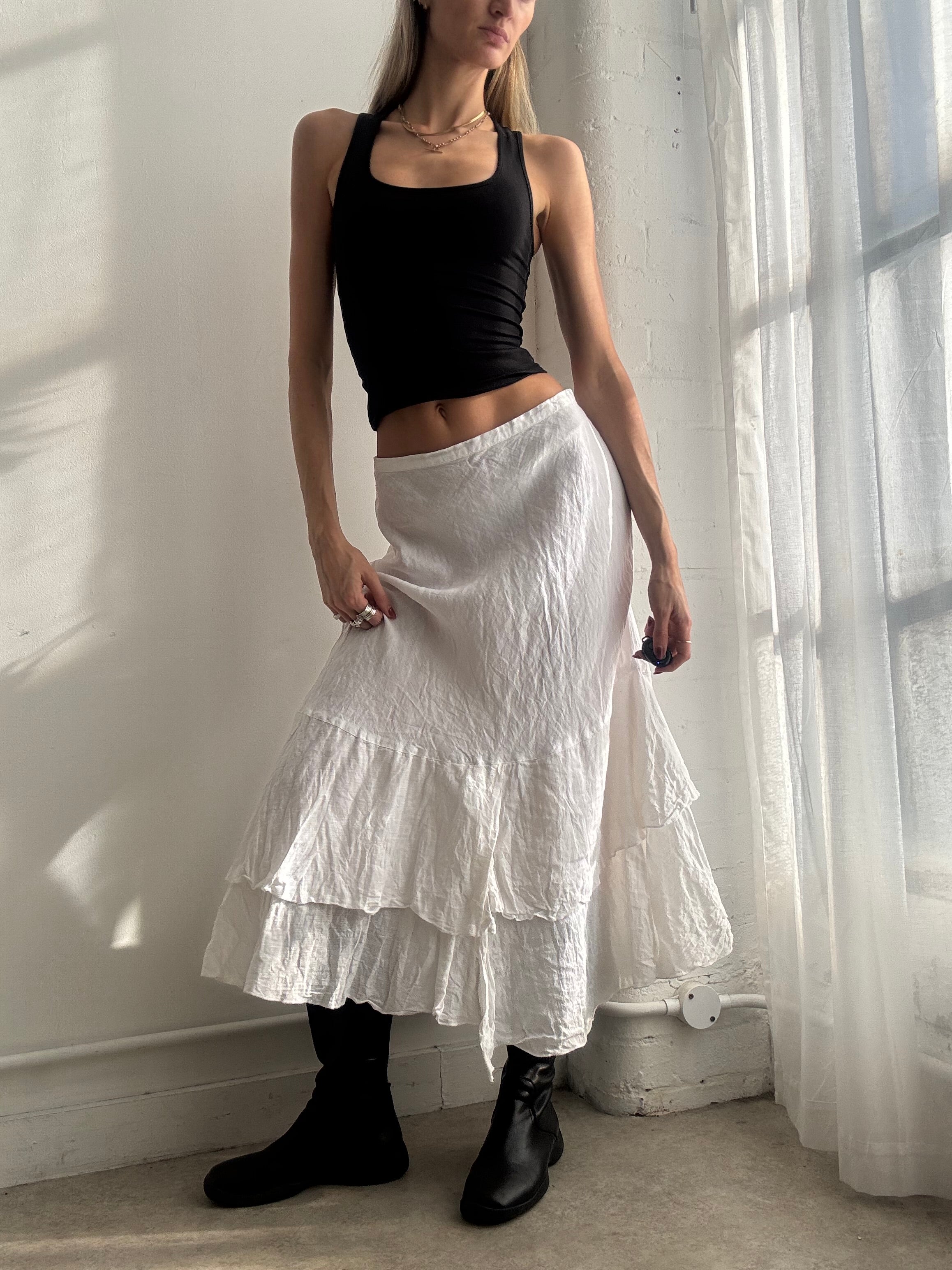Vintage Y2K white linen ruffle maxi skirt