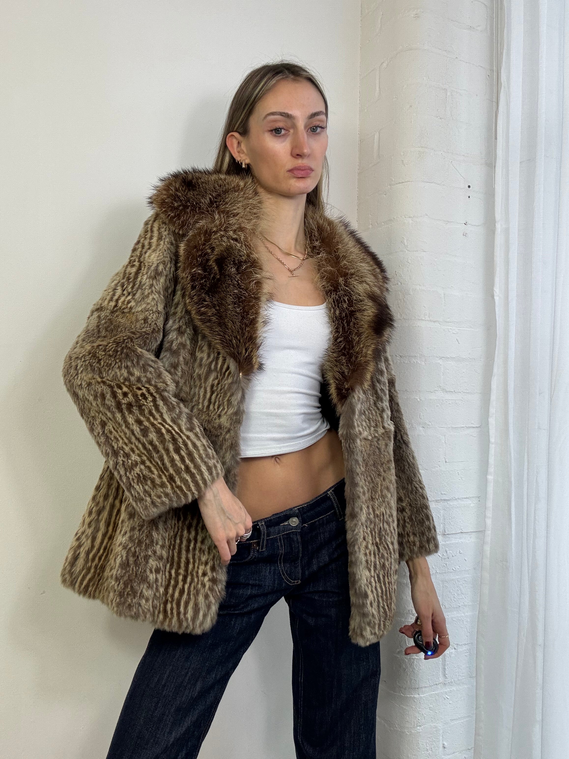 Vintage 90s leopard print fur coat brown