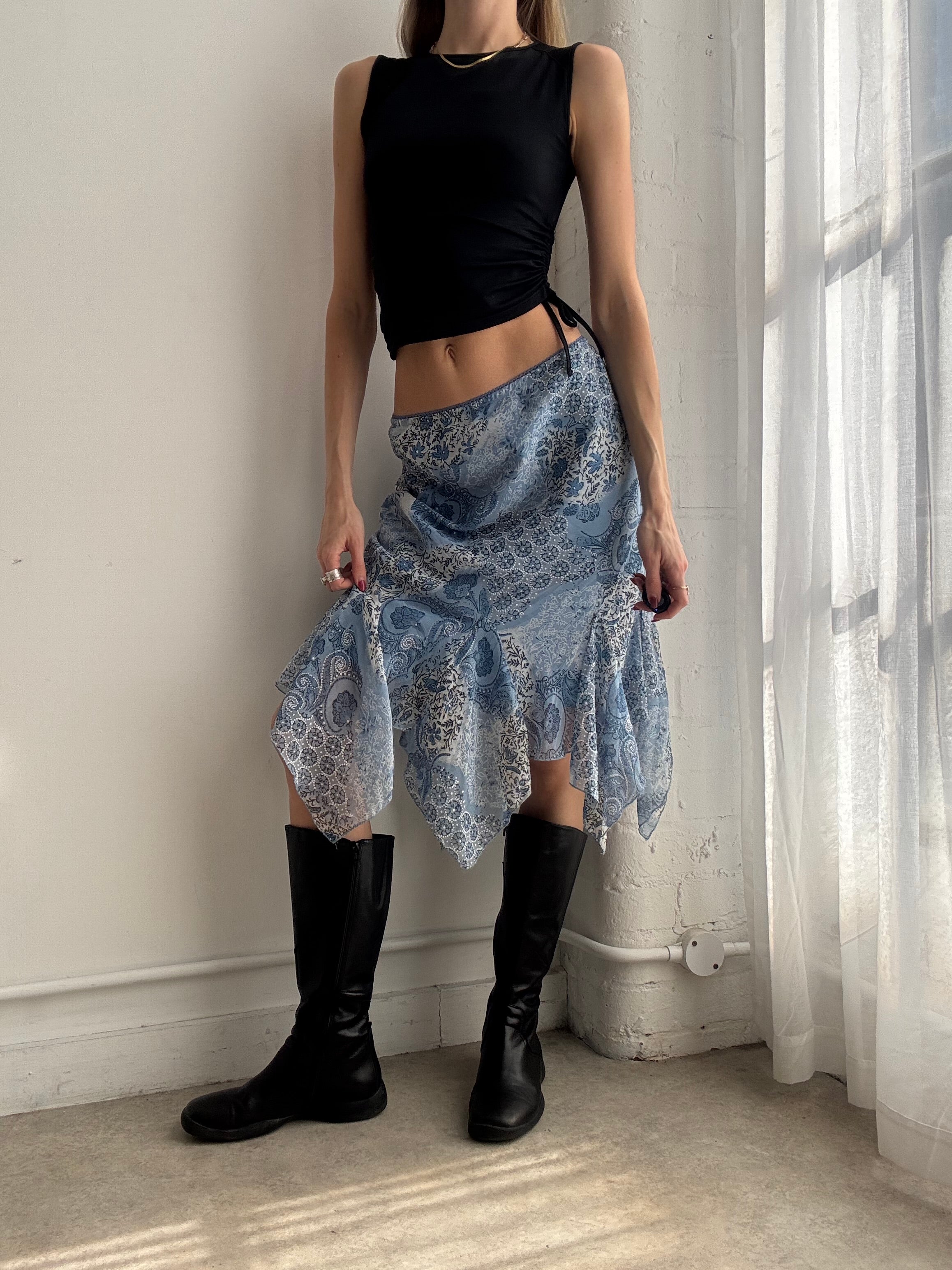 Vintage Y2K blue floral asymmetric mesh skirt