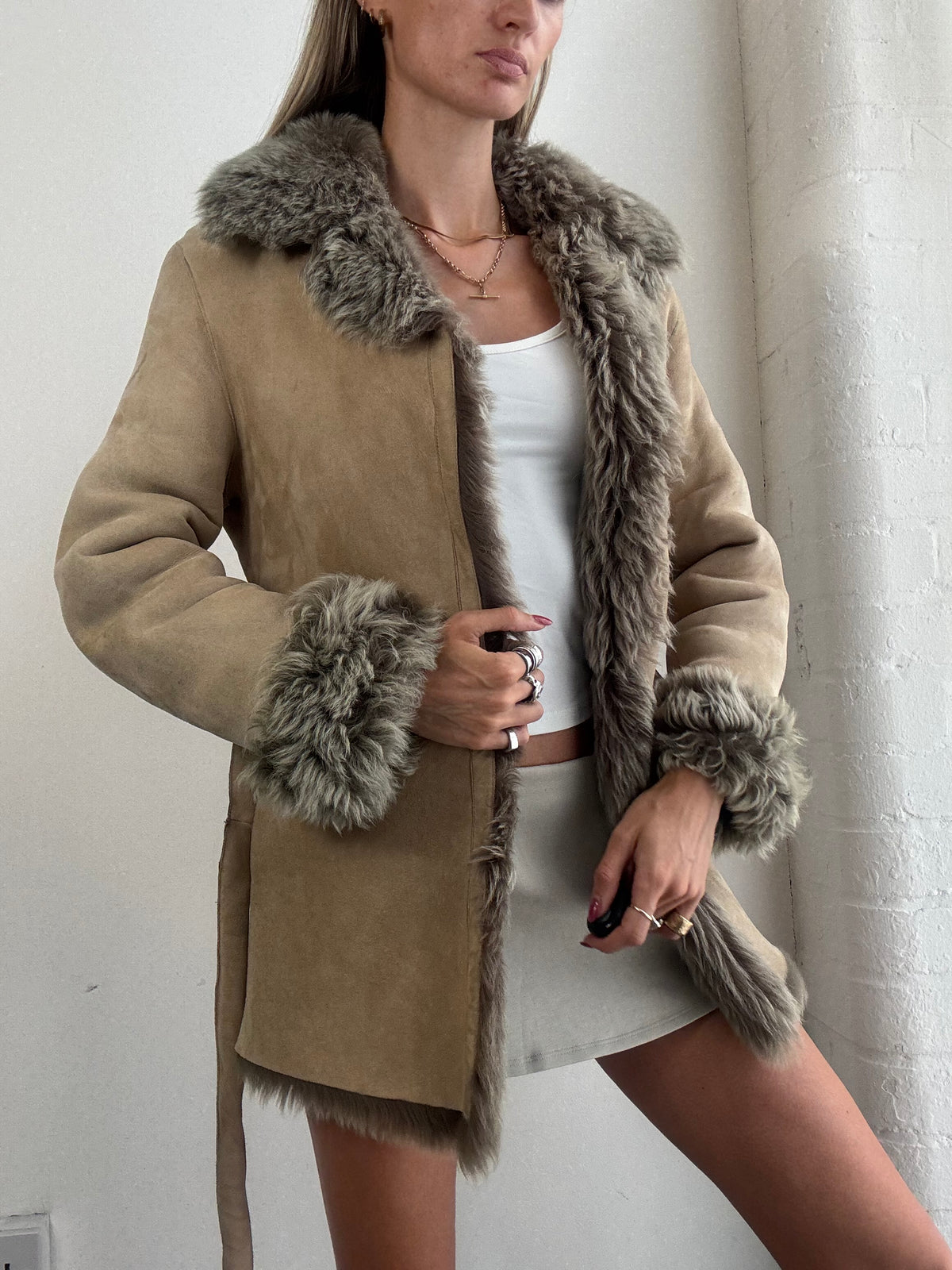 Vintage Y2K Beige Suede Sheepskin  Fur Trim Belted Afghan Coat - Size XS